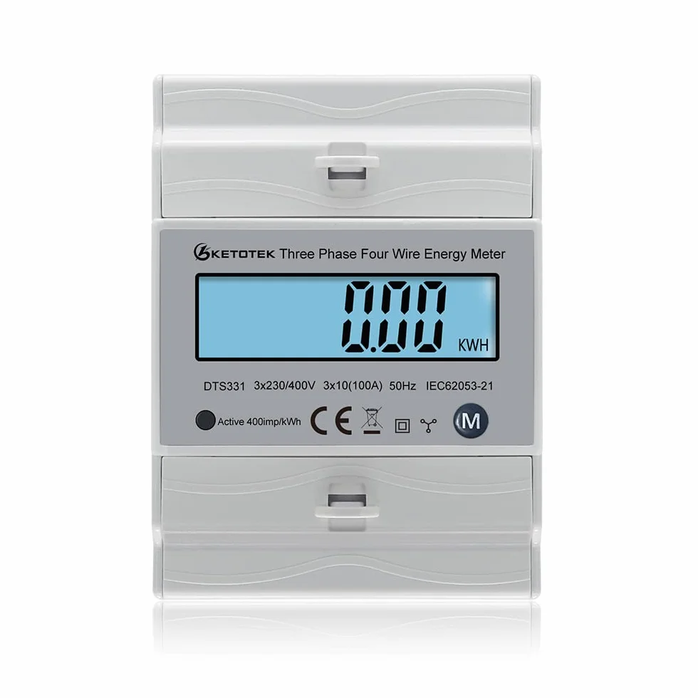 KETOTEK Compteur d'énergie triphasé AC, ampères, volts compteur | wattmètre bidirectionnel, kWh, compteur d'énergie rotatif, 3 x 230 V/400 V, 10 (100) A, DTS331