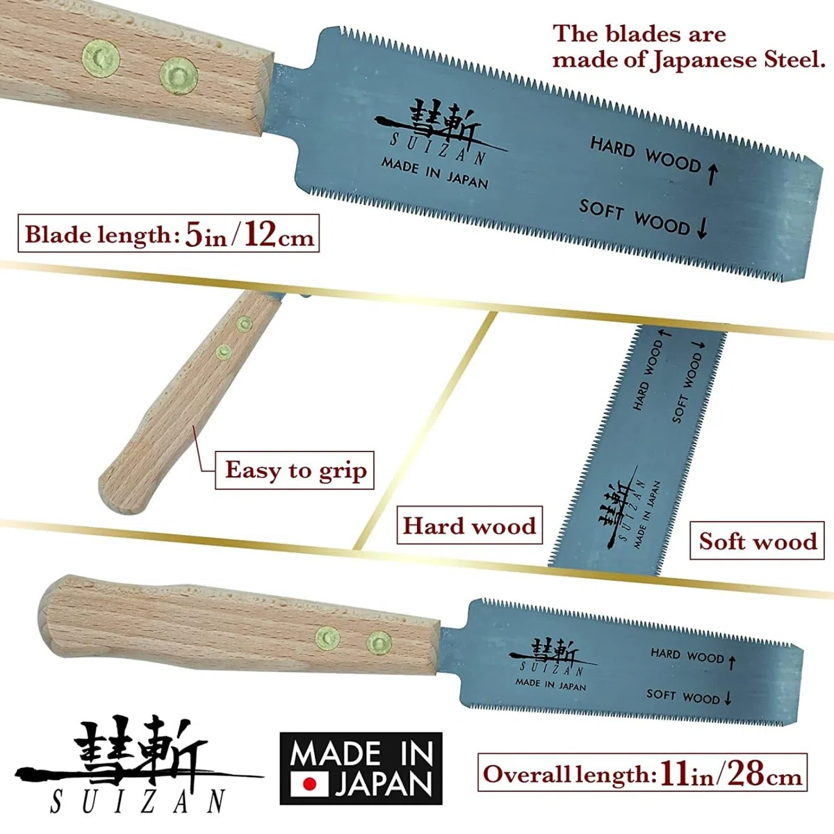 SUIZAN Scie à main japonaise à coupe affleurante 120mm pour bois dur et bois tendre