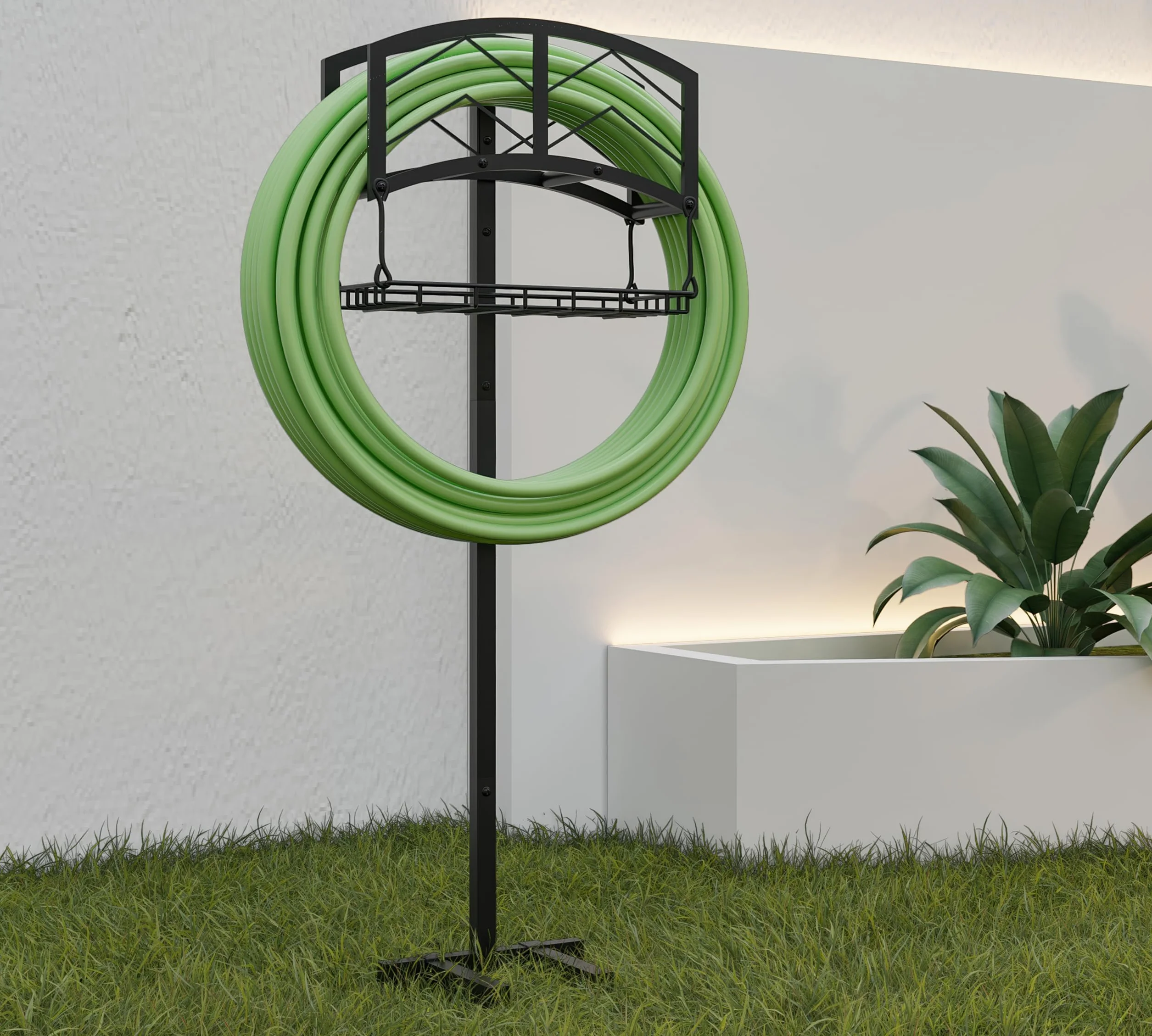 Kingson Support tuyau arrosage portable, panier rangement, acier noir robuste, contient tuyau 45m, design amovible outils