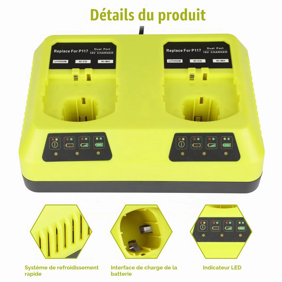 KUNLUN P117 Chargeur pour Ryobi 18V Batterie, 2 Ports Chargeur de Remplacement pour Ryobi One+ P108 P107 P104 P105 P102 P103 P117 Batterie Li-ION/Ni-Mh | Compatible avec les batteries lithium-ion Ryobi 18 V P102 P108 P189 P197 P103 P105 P107 P190 P191 PBP