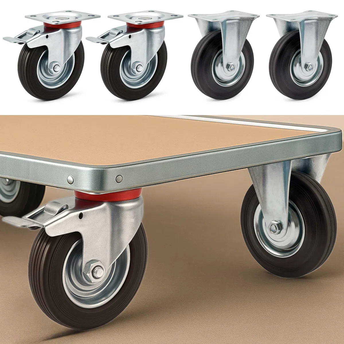 Wiltec Kit 4x Roulette – 2x Pivotantes double arrêt et 2x Fixes – Diamètre 100 mm – Capacité 70 kg/roue – Charge lourde, Caoutchouc plein Transport Meuble