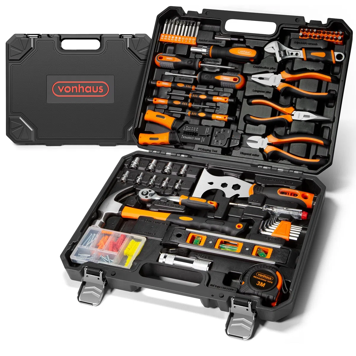 VonHaus Caisse à Outils - Complet Boite de 120 Pièces - Boîte à Outils Manuels, avec Lampe de Poche LED, Clés Hexagonales, Ruban à Mesurer & Mallette de Transport