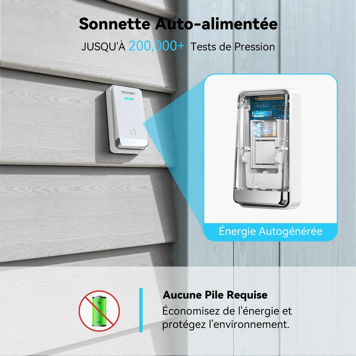 TECKNET Sonnette sans Fil 400 Mètres, Étanche IP65 avec Fonction de Charge et lumière LED Kit de 1 Carillon et 2 Récepteur Enfichables, 60 Mélodies 5 Niveaux Volumes, pour Maison, Bureau, Hôtel