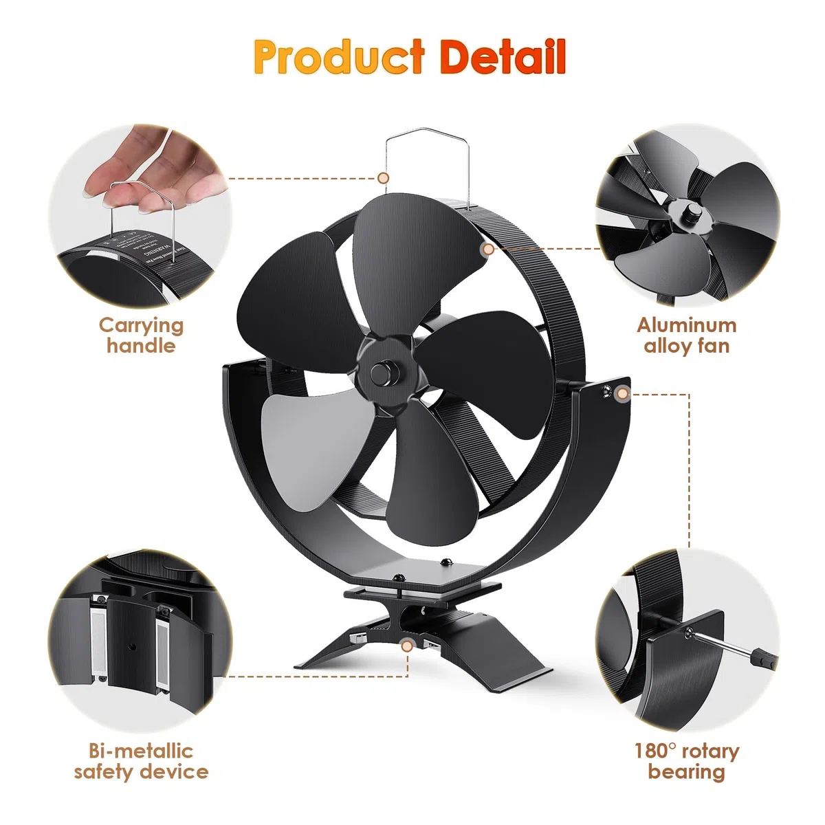 3 en 1 ventilateur de poêle à bois 5 pales support de ventilateur de brûleur à bûches 180° Rotation magnétique ventilateurs de cheminée à bois ventilateurs de cheminée alimentés par la chaleur