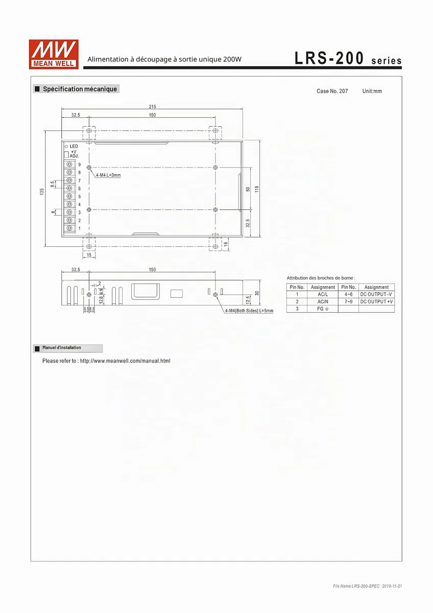 Mean Well LRS-200-24 Bloc d'alimentation 211 W 24 V 8,8 A plat 30 mm 1HU Boîtier métallique encastrable
