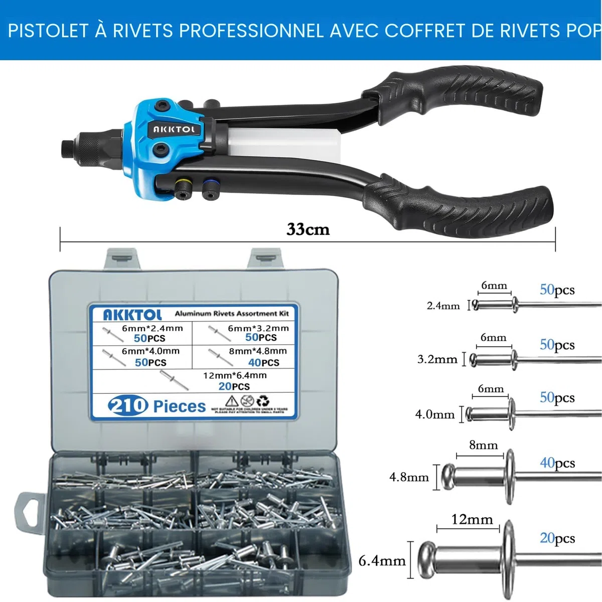 AKKTOL Pince a riveter pop 33cm ensemble 5en1 avec 210 rivets alu pour rivets aveugles Ø 6.4 à 2.4 mm en acier inoxydable alu | Riveteuse manuelle professionnelle