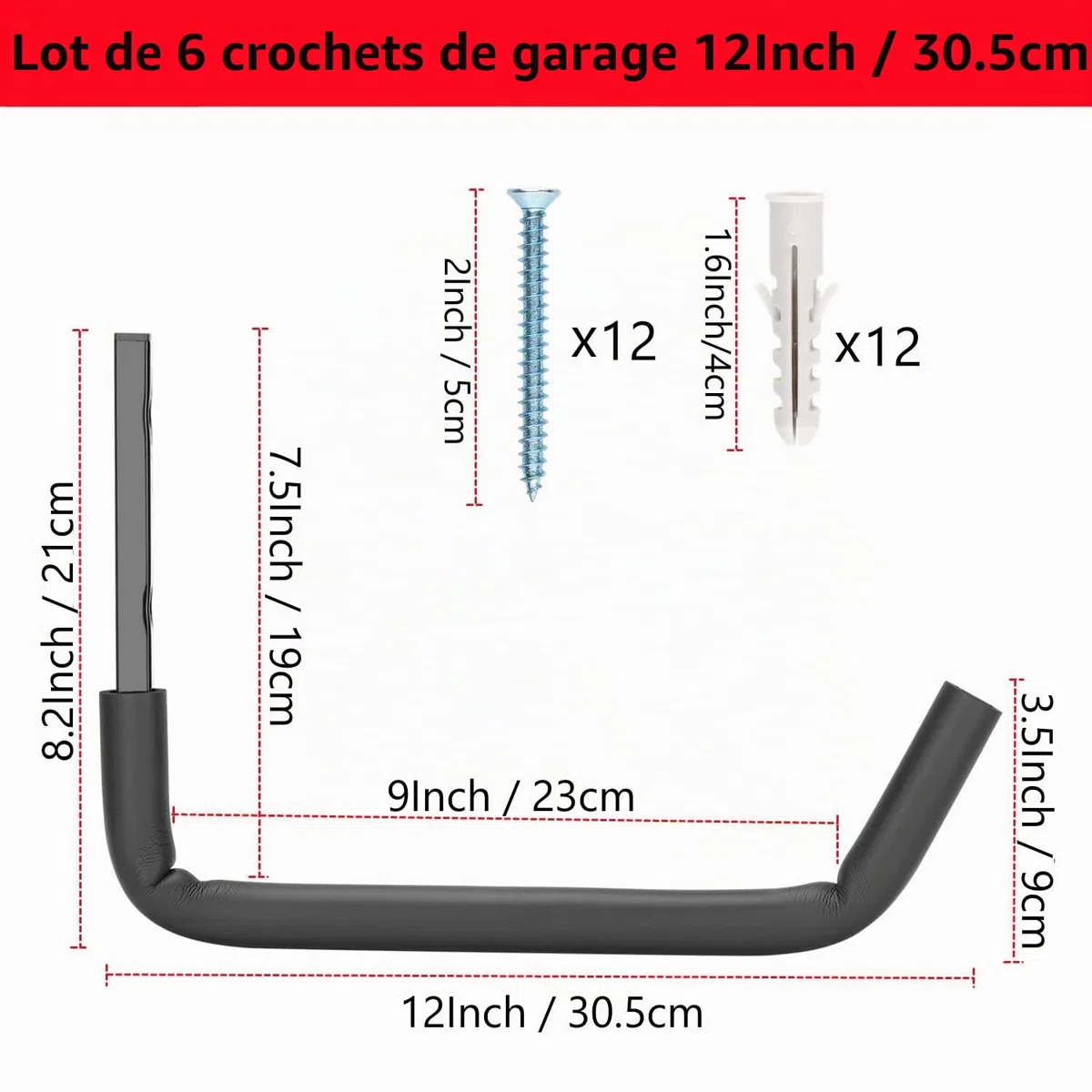 Lot de 8 crochets robustes pour échelle de garage avec bras Jumbo de 30,5 cm, support de rangement mural pour vélo, chaises pliantes, vélo et outils de jardin