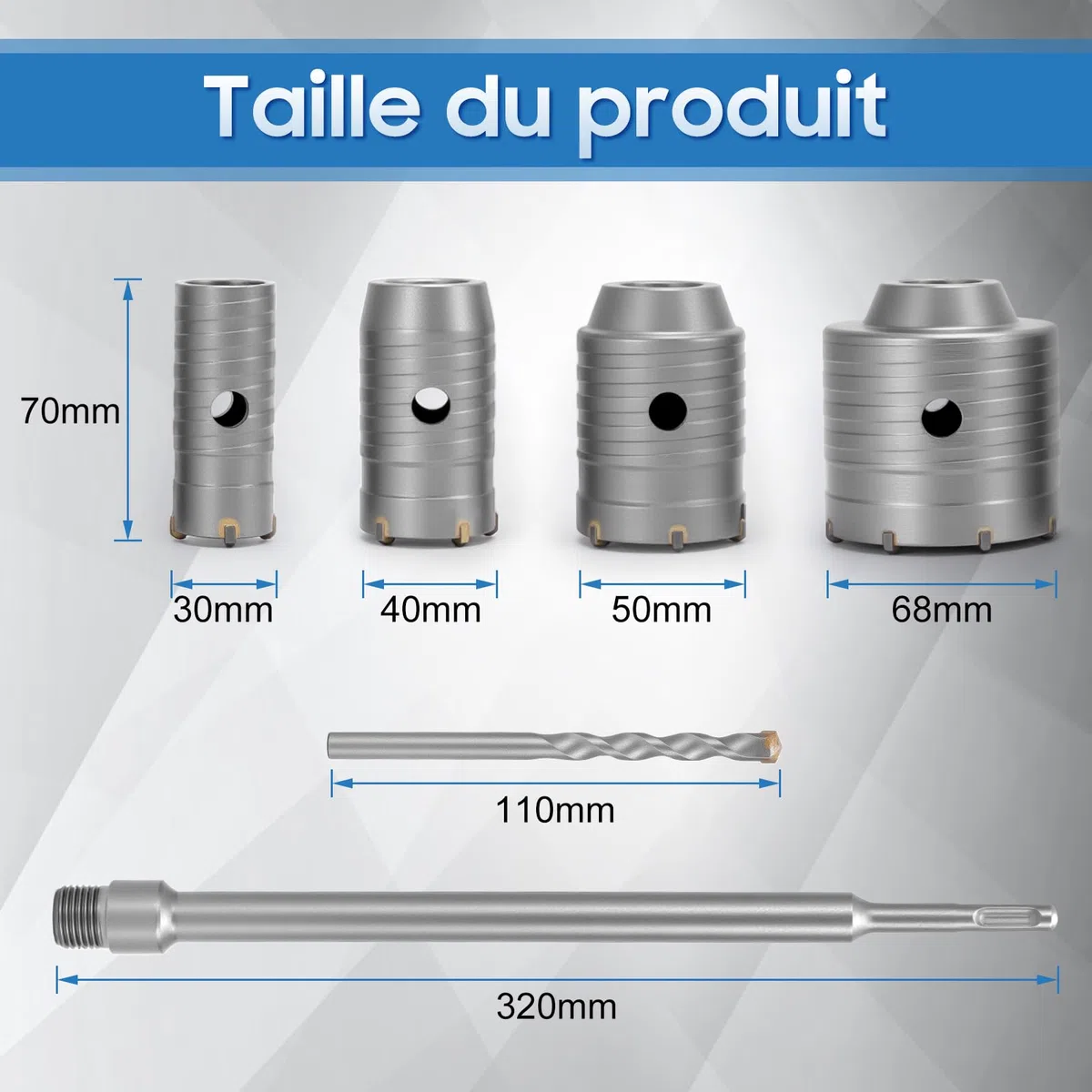 Scie Cloche Beton, Couronne de Forage 30 Mm, 40 Mm, 50 Mm, 68 Mm, Couronne Carotteuse Foret Tige 320 Mm Foret pour Maçonnerie Pierres Naturelles Grès Marbre, 7 Pièces