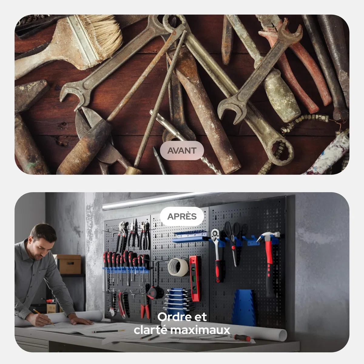 Arebos Paroi à outils en trois parties | Jeu de 17 crochets bleu | 117,6 x 59,5 x 2 cm | Paroi à outils perforée en métal + supports + matériel de montage