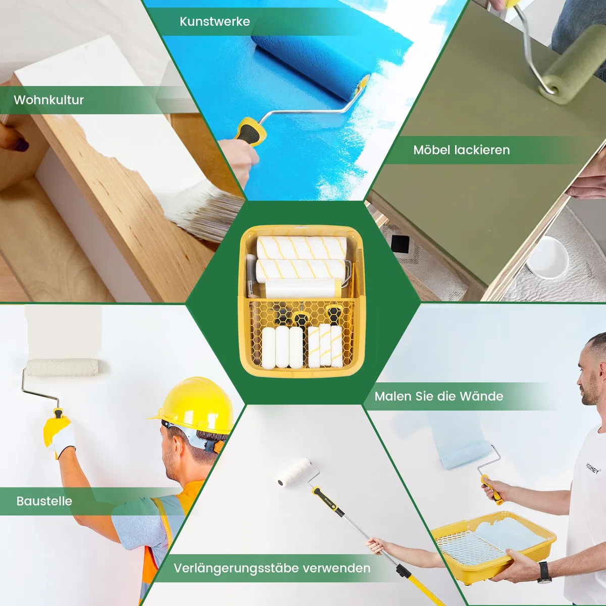 Voomey - Kit de peinture de 17 pièces, rouleaux de peinture de 22,86 cm, rouleaux de peinture de 10,16 cm et Seau de peinture de 22,9 cm avec pinceau, grille d'égouttage en plastique.