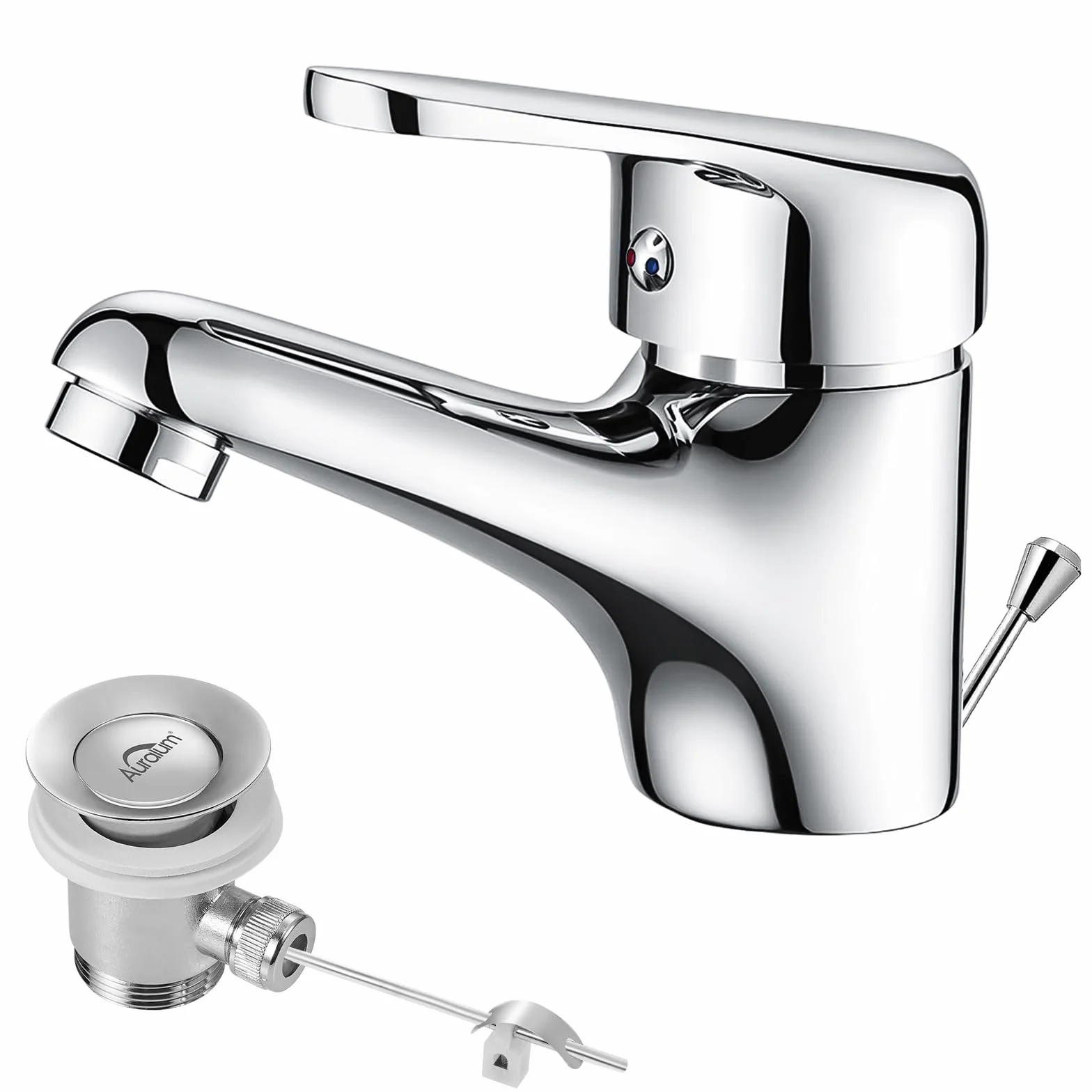 Auralum Mitigeur Lavabo Monotrou avec Bonde à Tirette, Robinet Salle de Bain Chromé en Laiton, Cartouche Céramique Mousseur Démontable