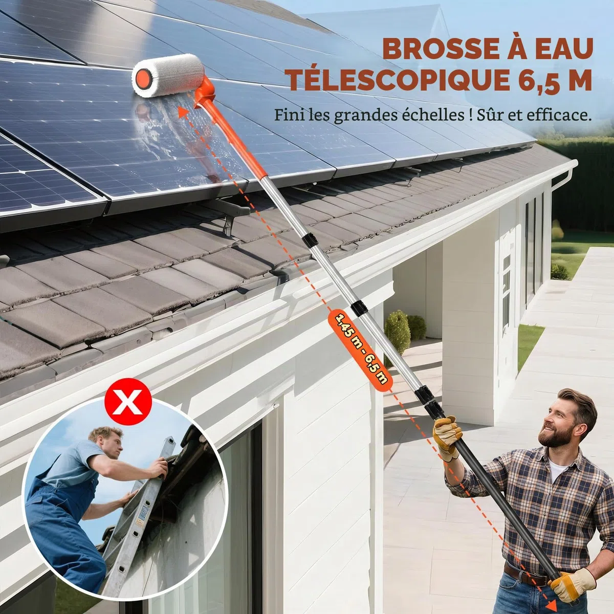 Brosse Telescopique Toiture Électrique Télescopique de 6,5M Perche Telescopique Nettoyage Panneaux Solaires pour Systèmes PV, Fenêtres, Toits de Terrasse et Nettoyage