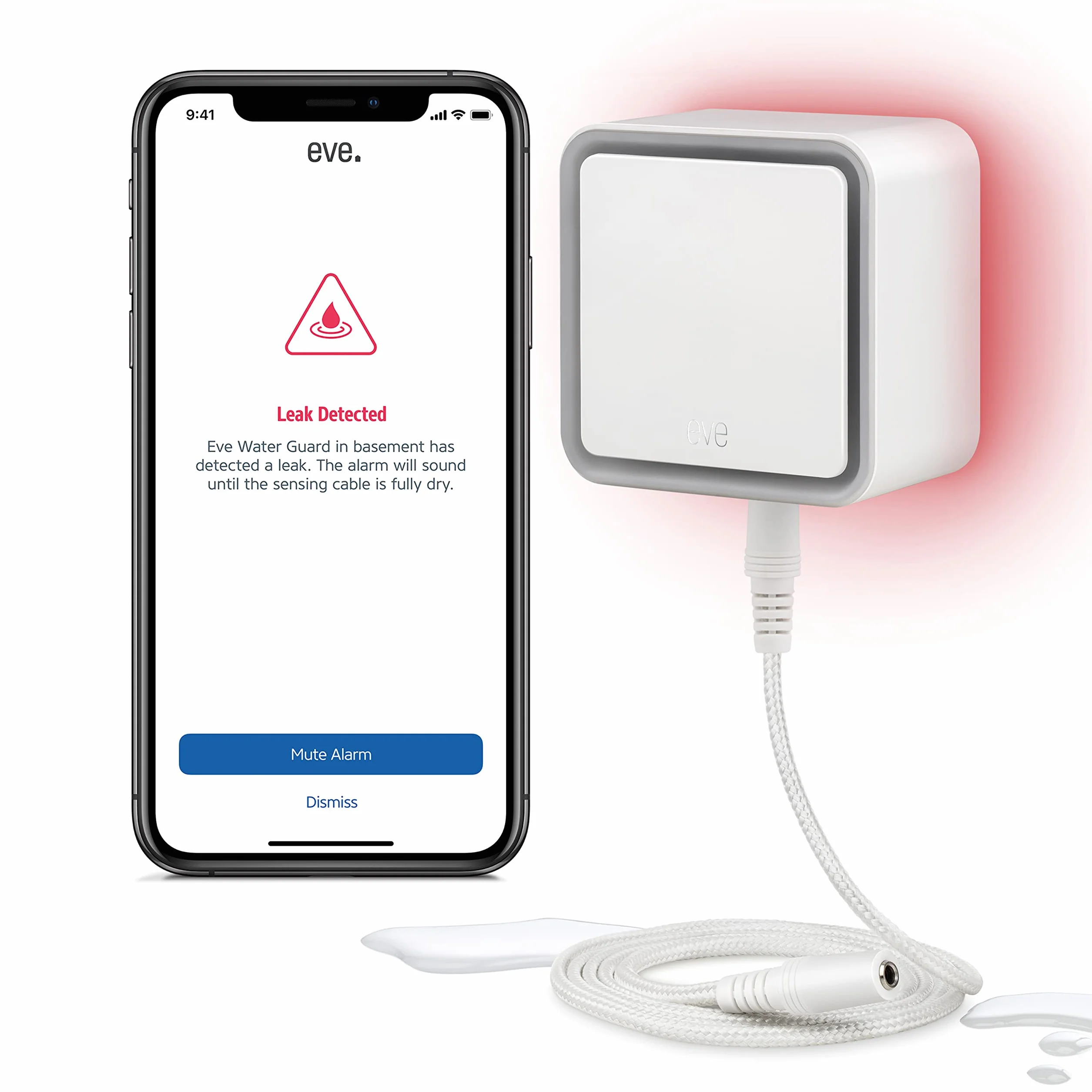 Eve Water Guard - Détecteur de Fuite d'eau pour Maison connectée avec câble de détection de 2 m, sirène de 100 DB et alertes de Fuite sur iPhone, iPad, Apple Watch (Apple HomeKit), Bluetooth, Thread