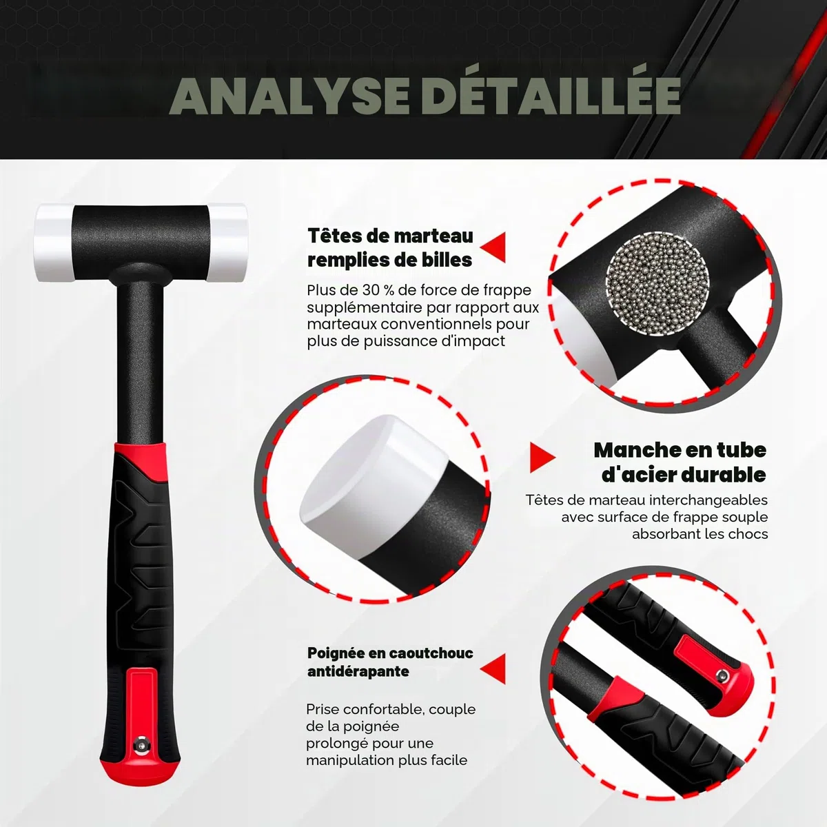 C&T Maillet souple anti-retour, 40 mm de diamètre, manche en tube d'acier, tête en nylon remplaçable pour l'entretien et le montage