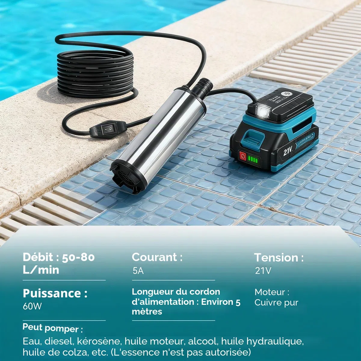Pompe à immersion à batterie 18 V, pompe à diesel 60 W, pompe à huile portable pour diesel, essence, huile, eau, hauteur de refoulement de 3-5 m, câble de 5 m, 50-80 L/min (2 batteries)
