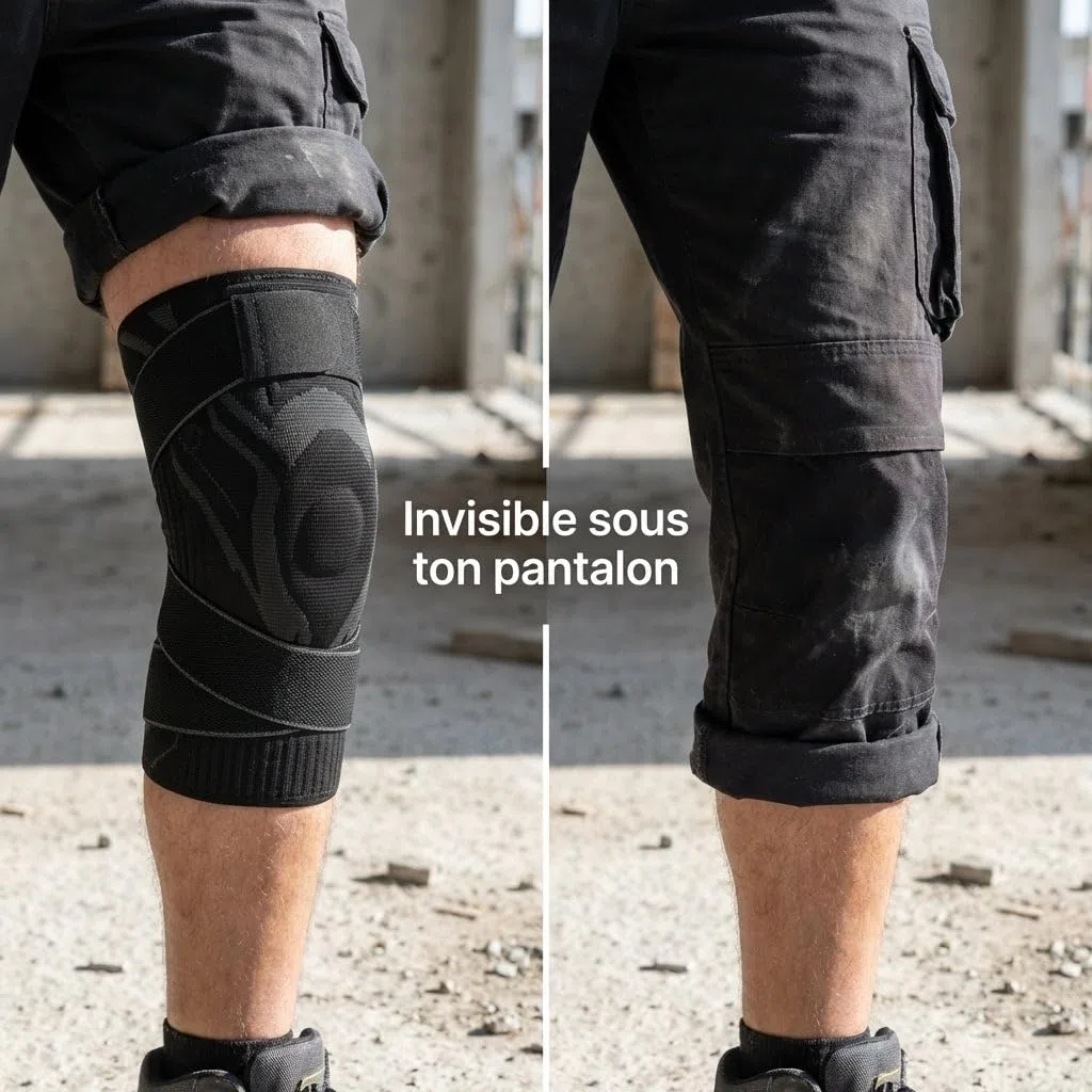 flexi pro genouillère, genouillère travail compression 360 sans sangle, chantier stabilisation gel ressort, protection genou batiment invisible sous pantalon confort longue durée