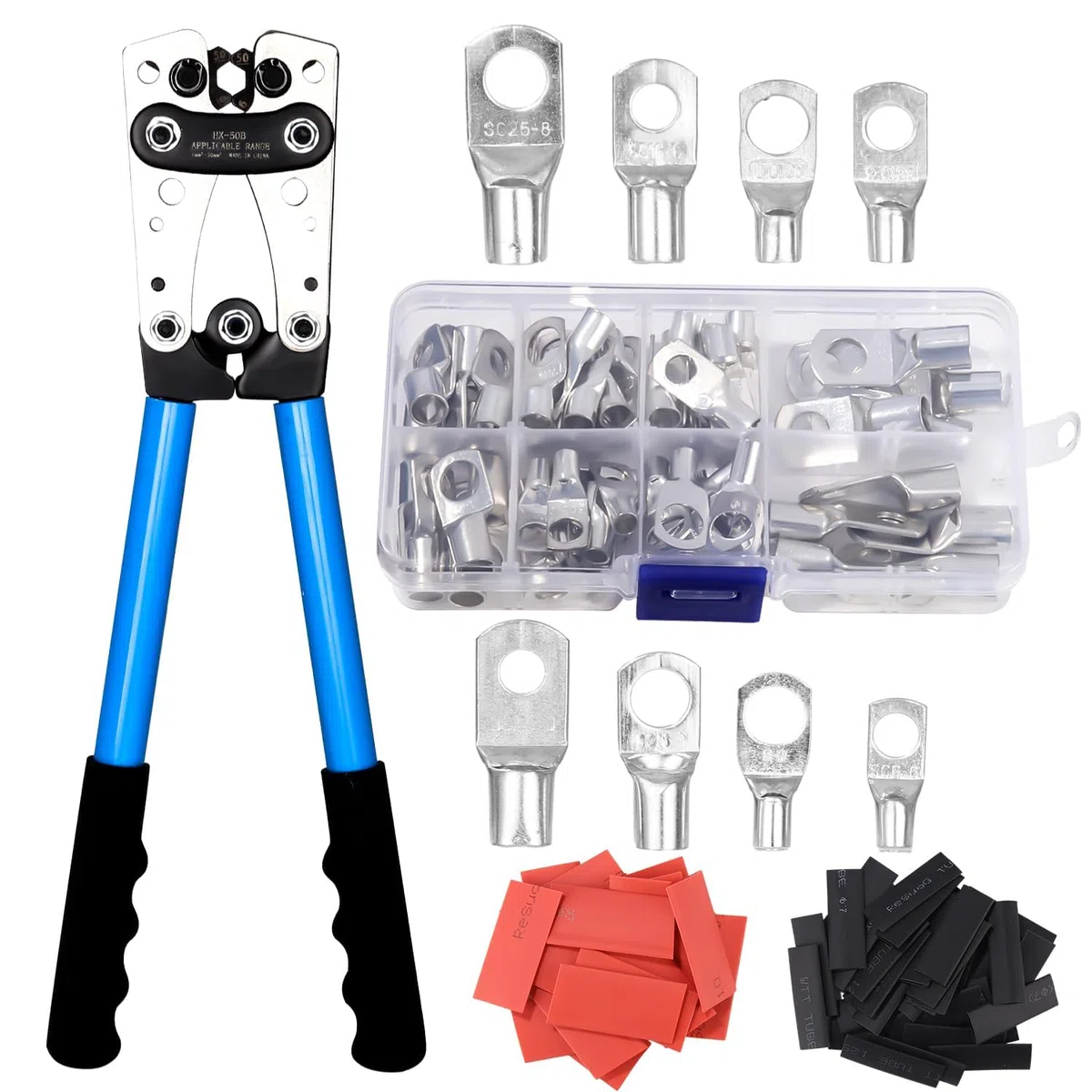 Pince a Sertir,AWG 10-0,6/10/16/25/35/50 mm² pince à sertir cosses avec Bornes à anneau en cuivre +60 PCS de gaine thermorétractable pince a sertir electrique multicouche Cliquet de sertissage pince
