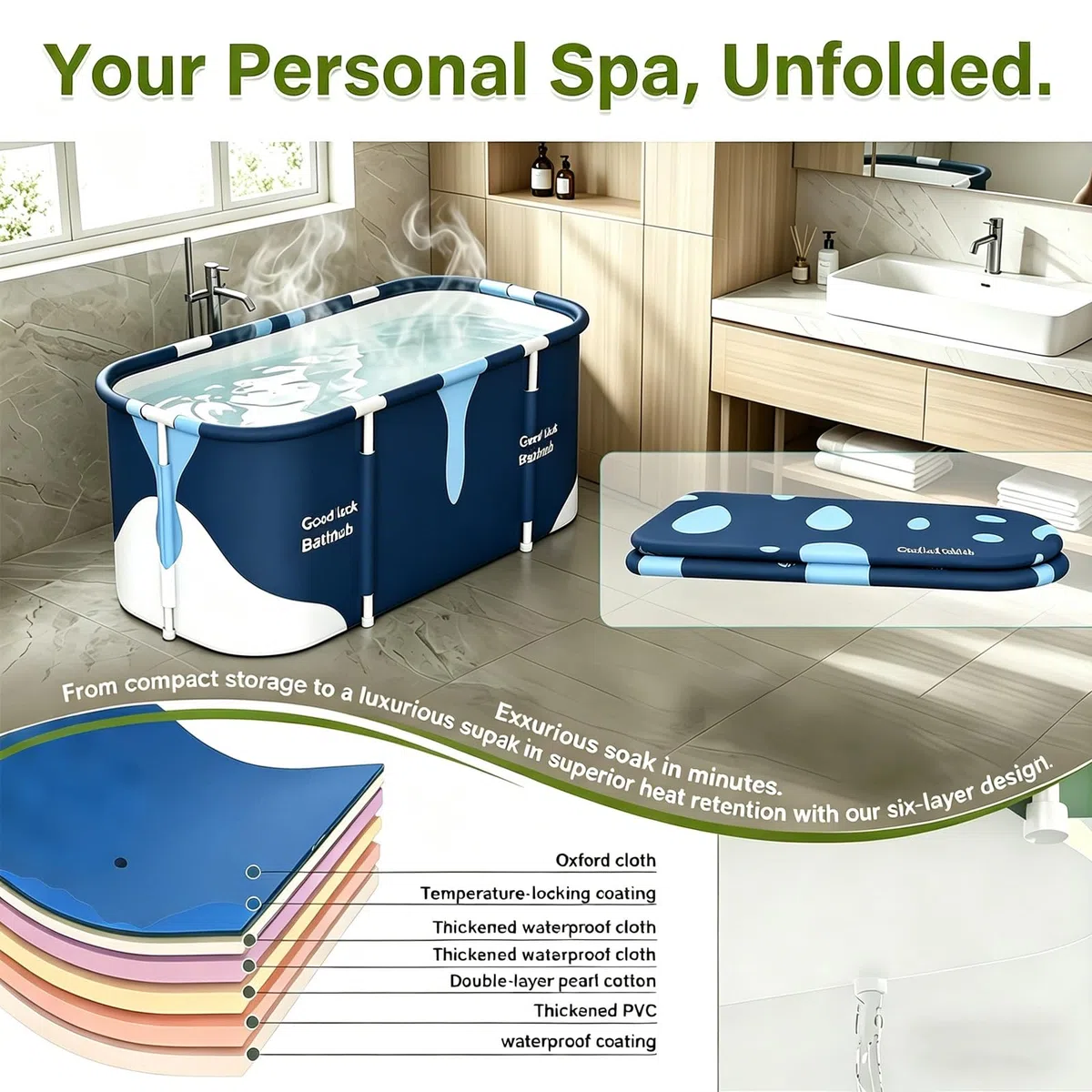 Baignoire portable 140 cm x 60 cm x 55 cm, baignoire familiale pliable pour adultes, baignoire spa pour la salle de bain et la cabine de douche