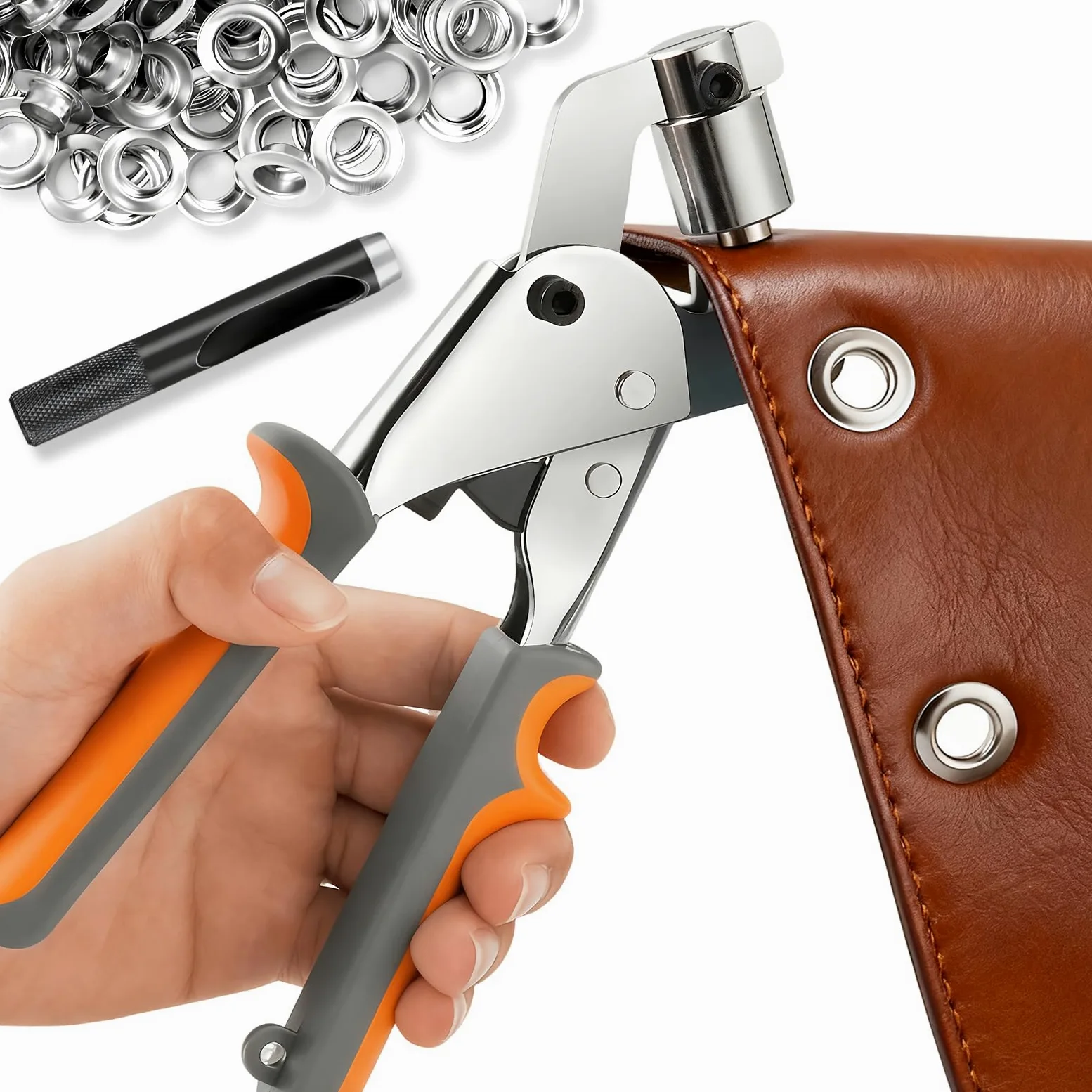 Pince à Oeillets Métalliques Kit, Pince perforeuse avec 200 Oeils de Ø 10 mm, Pinces a Oeillet Magnétique, pinces a oeillets pour baches Tissus Cuir Carton Affiches Bannières