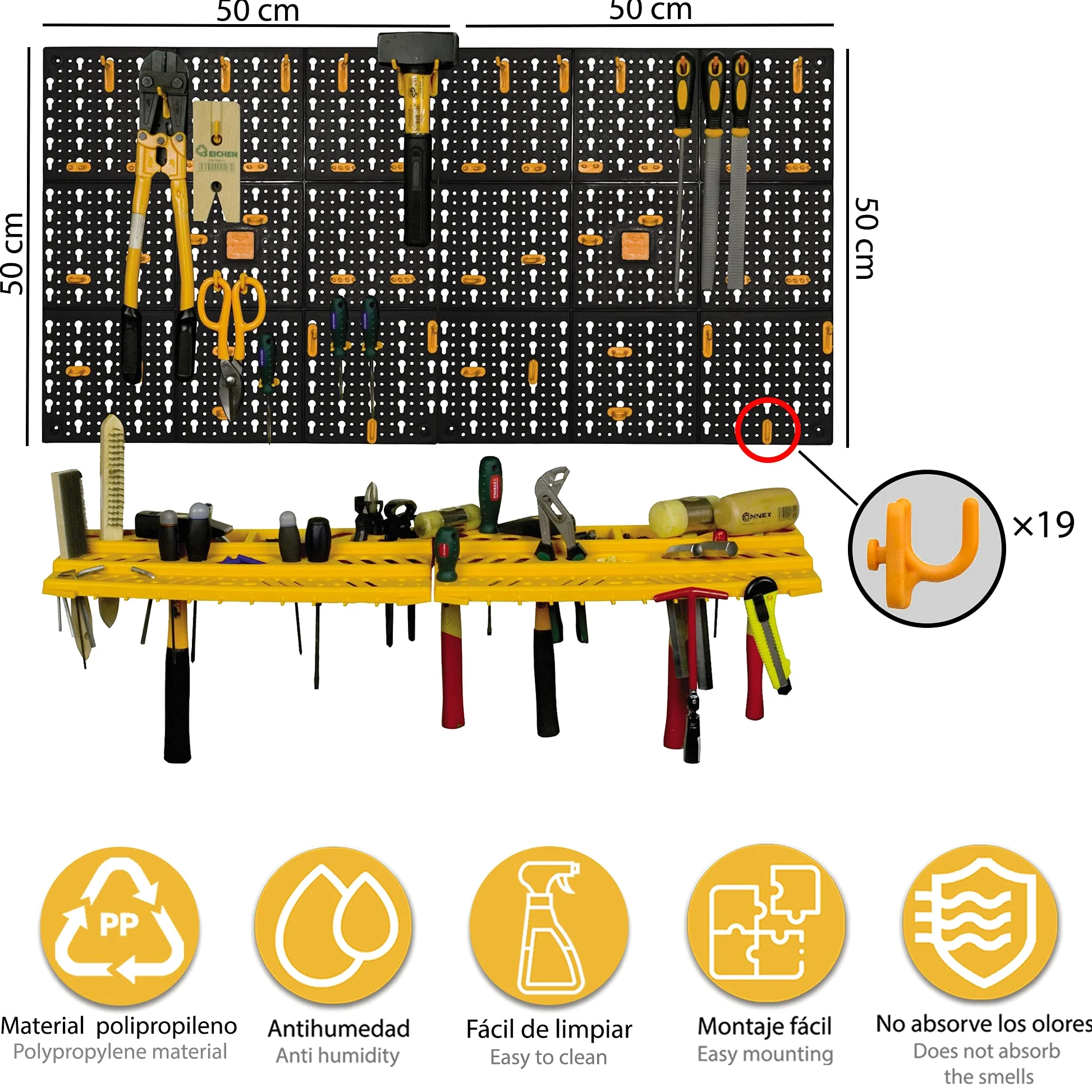 Ensemble de 2 panneaux et 2 niveaux de porte-outils avec 50 crochets, objets muraux de l'organisateur, 100% Made in Italy, 100x22h50 cm, couleur noire