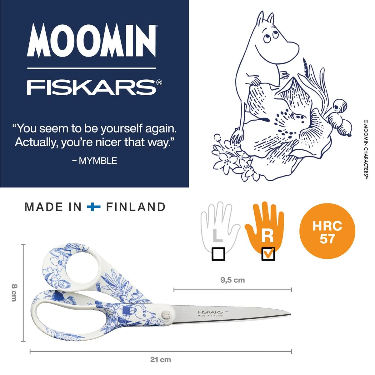 Fiskars X Moomin Ciseaux polyvalents au Design Mumin, Droitier, Longueur : 21 cm, Lames en Acier Inoxydable, Haru, 1075572