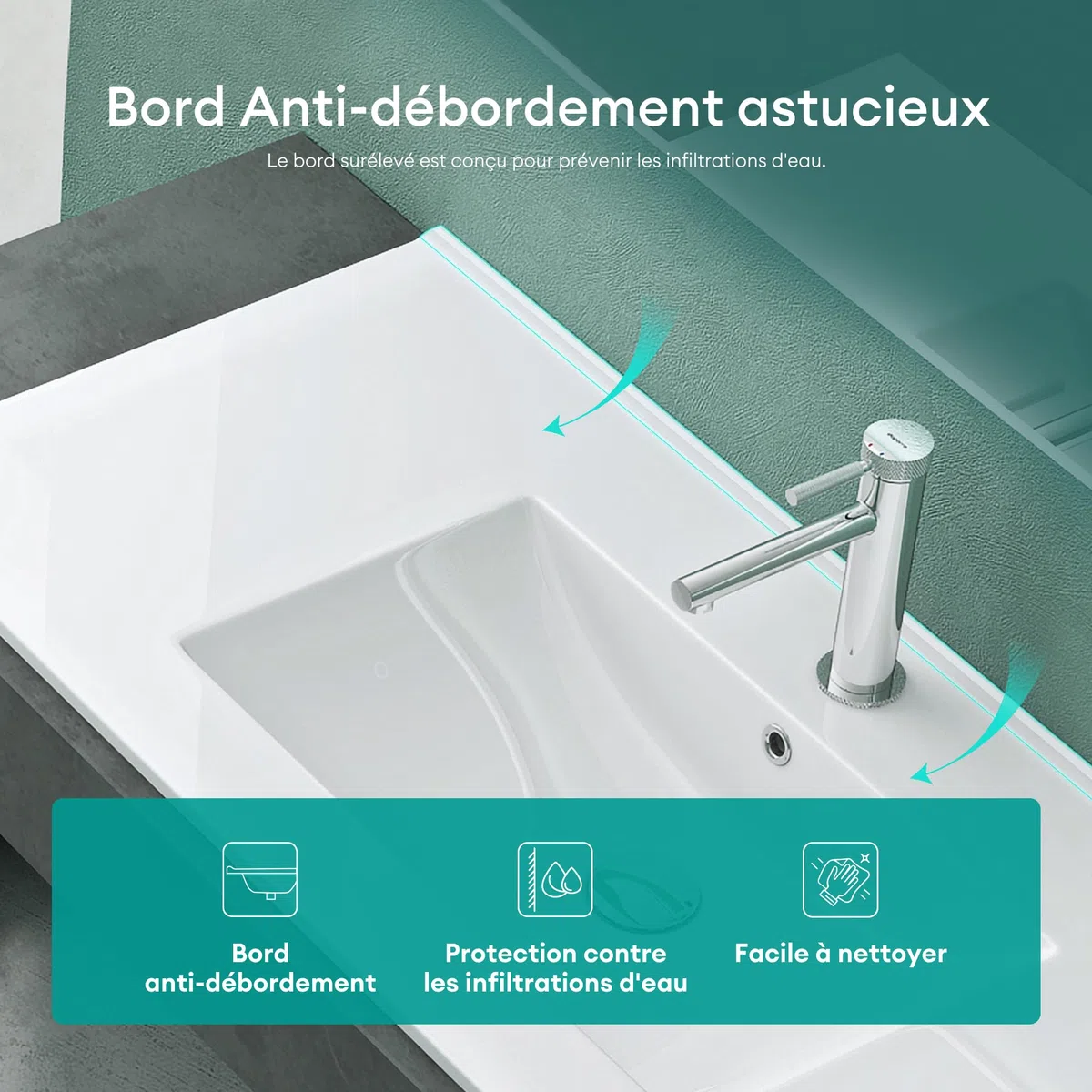 Mai & Mai Lavabo Encastré en Céramique 80cm Blanc Lave Mains Rectangulaire avec Perçage de Robinet et Trop-Plein 81x47x18cm BR912