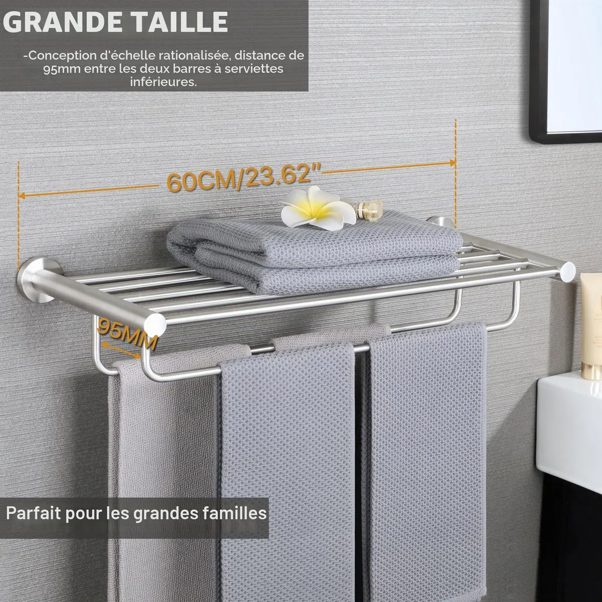 SAYAYO Porte Serviette Mural en Double Barres avec Étagère, Range Support Serviette en Acier Inoxydable pour Salle de Bain Cuisine Toilette, 60CM Brossé, EGKN2308-600-LS (95MM Entre Les Barres)