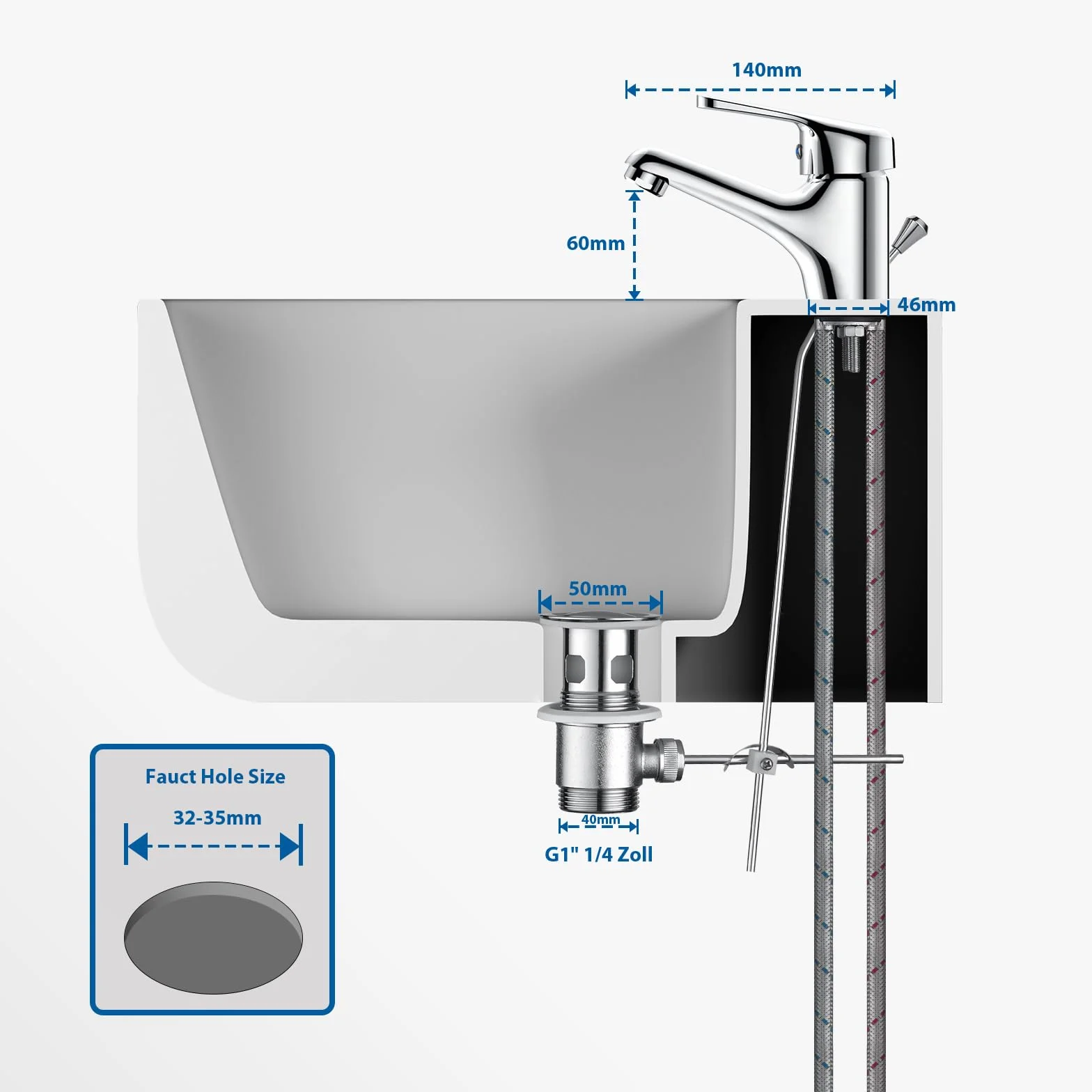 Auralum Mitigeur Lavabo Monotrou avec Bonde à Tirette, Robinet Salle de Bain Chromé en Laiton, Cartouche Céramique Mousseur Démontable
