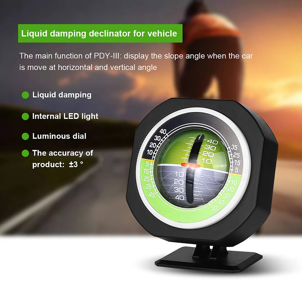AUTO Inclinomètre d'angle d'équilibreur d'angle de voiture à LED lumineux extérieur Inclinomètre, inclinomètre d'angle d'inclinaison lumineux de 8 x 5,2 3,7 cm pour la conduite de nuitinclinometre ca