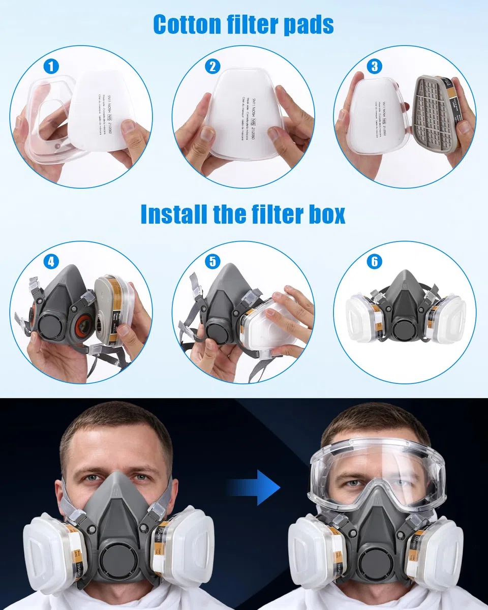 Masque de Protection Respiratoire Masque de Protection avec Filtre Masque Respiratoire avec Lunettes de Protection, Filtres, Coussinets Filtrants, pour Pulvérisation,Peinture,Produits Chimiques