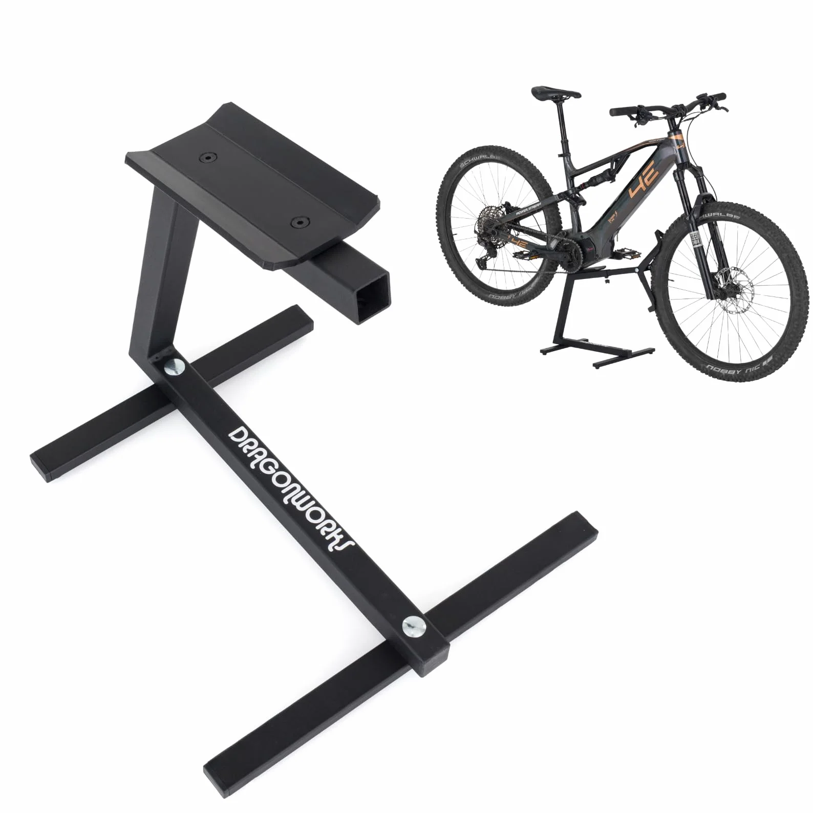 DRAGONWORKS MX Support Vélo pour E-Bike à Moteur Central - Support Vélo Sol Ultra Robuste en Acier - Idéal Entretien, Nettoyage et Stationnement - Compatible 27.5–29” - Capacité de charge de 45 kg