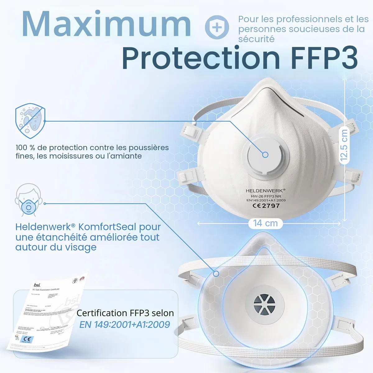 HELDENWERK FFP3 Lot de 10 masques avec valve – Lot de 5, 10 ou 20 – Masque respiratoire/anti-poussière certifié Valve d'expiration – Masques anti-poussière avec sangle arrière réglable