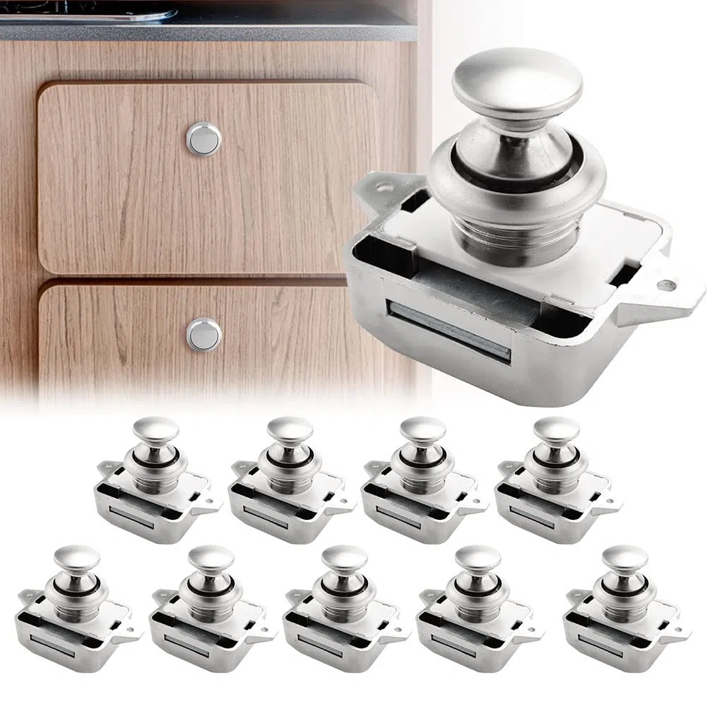 Lot de 10 Bouton Poussoir Verrou Armoire Loquet Sans Clé, Loquet à Bouton Poussoir Ajustement 15-18mm épaisseur RV Bateau Van Yacht Camping Car Placard Porte Armoire