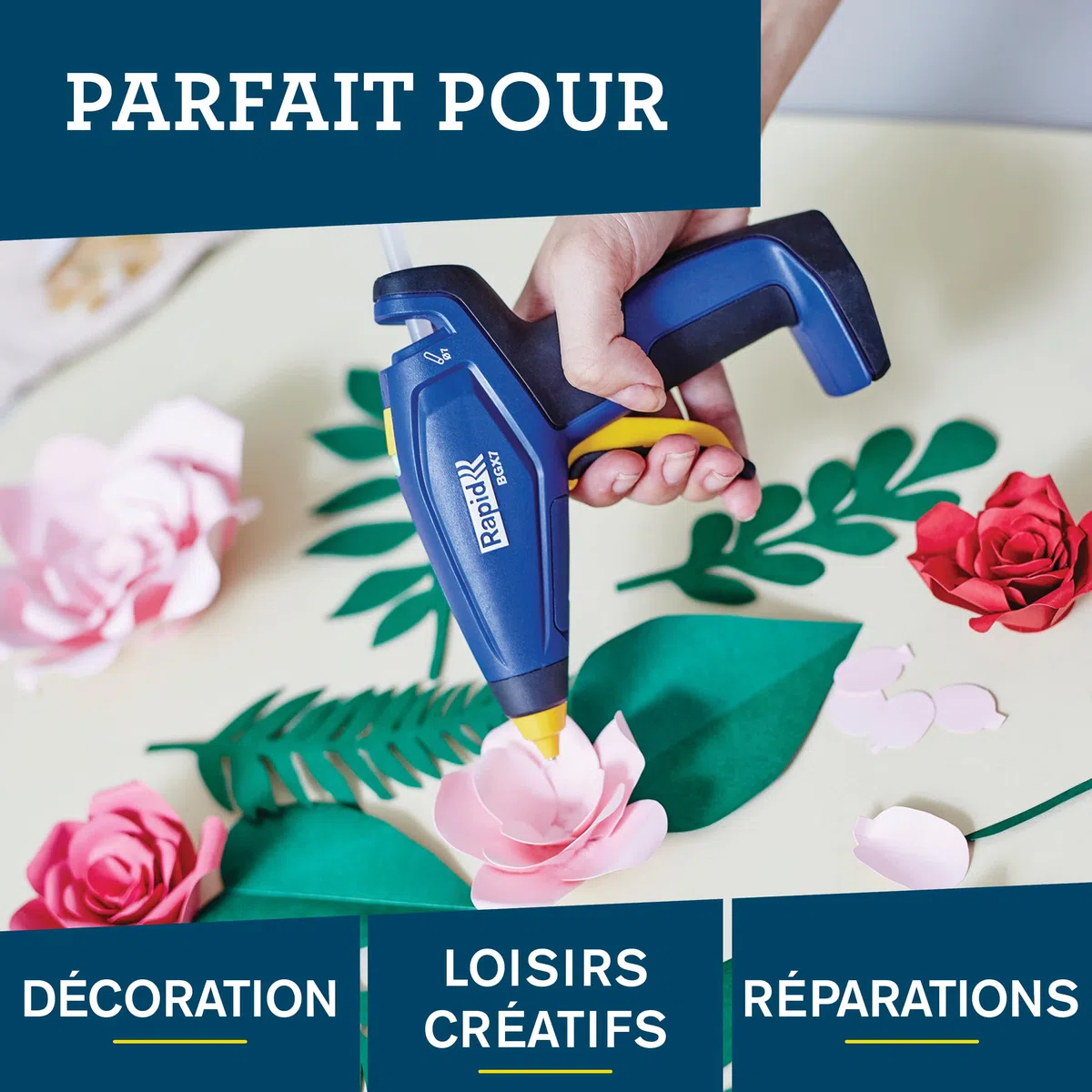 Pistolet à colle chaude sans fil Rapid BGX7 7mm, chauffe en 20s, rechargeable par USB avec une autonomie de 30 min, idéal pour les loisirs créatifs, les réparations DIY et les projets domestiques
