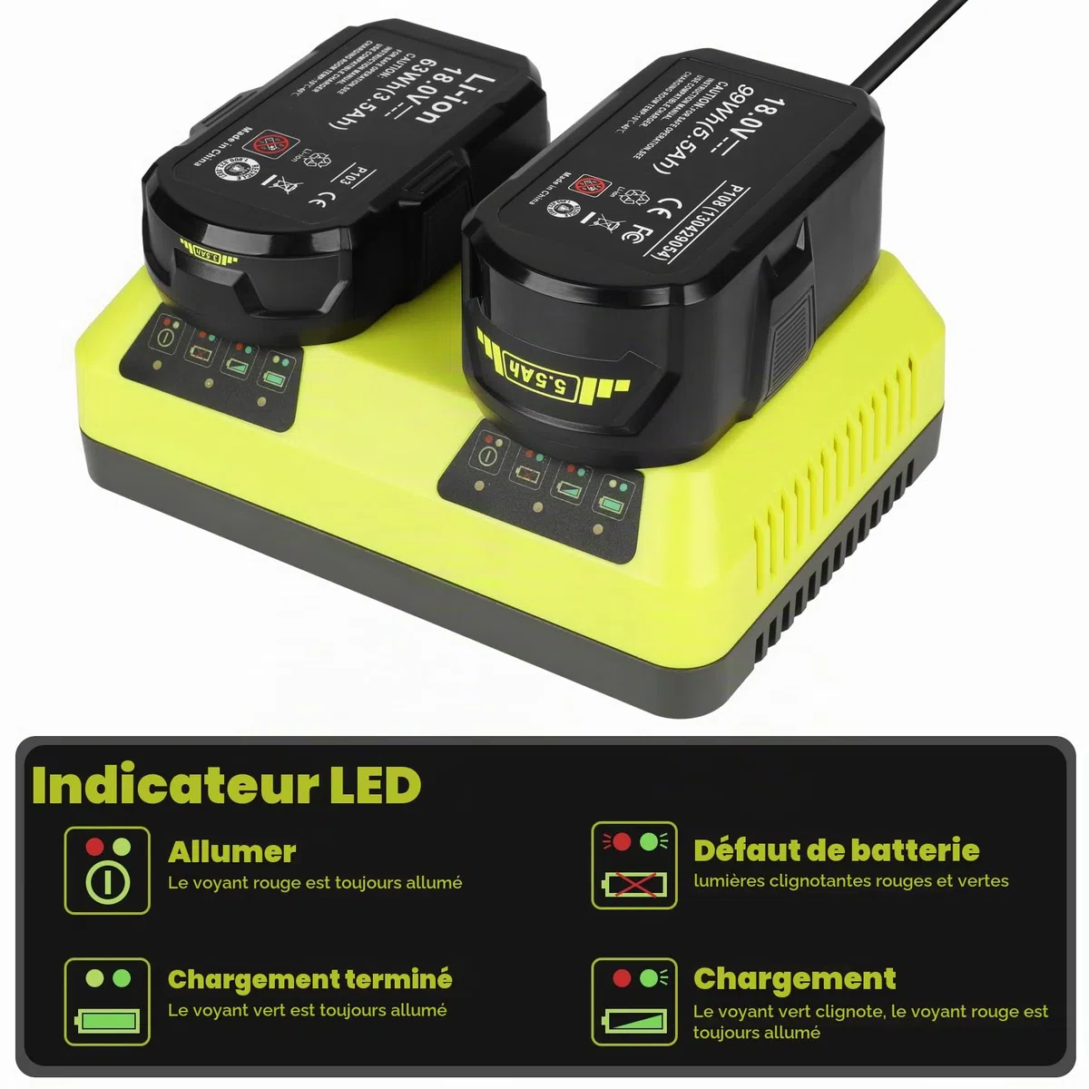 KUNLUN P117 Chargeur pour Ryobi 18V Batterie, 2 Ports Chargeur de Remplacement pour Ryobi One+ P108 P107 P104 P105 P102 P103 P117 Batterie Li-ION/Ni-Mh | Compatible avec les batteries lithium-ion Ryobi 18 V P102 P108 P189 P197 P103 P105 P107 P190 P191 PBP