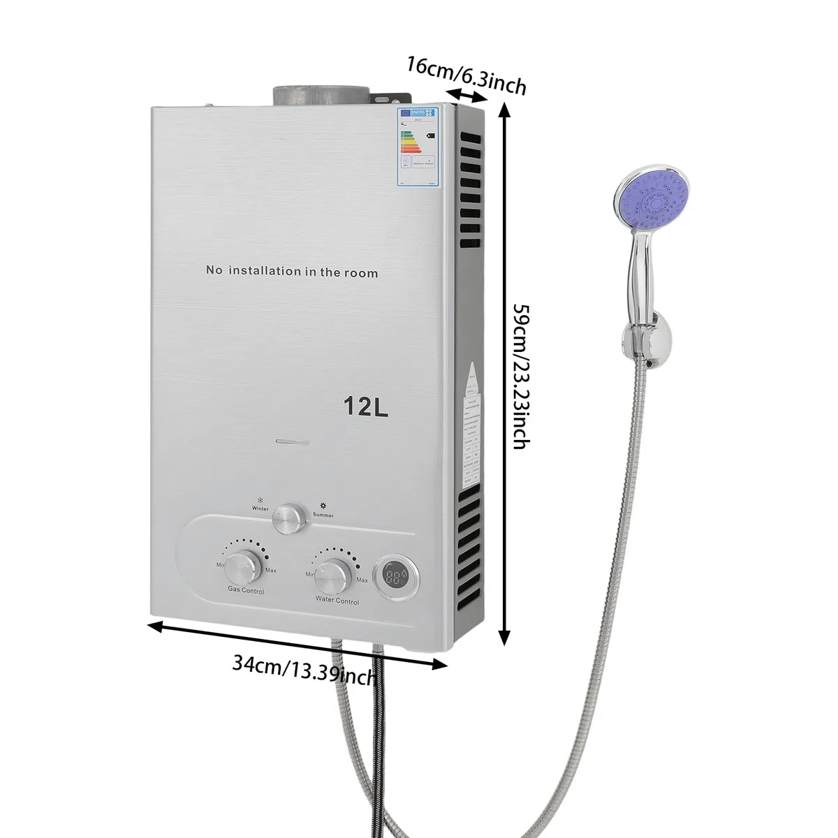 Chauffe-eau à gaz Duoruameng de 12 L, chauffe-eau à gaz LPG avec pomme de douche, modèle été et hiver, protection multiple pour la maison, camping