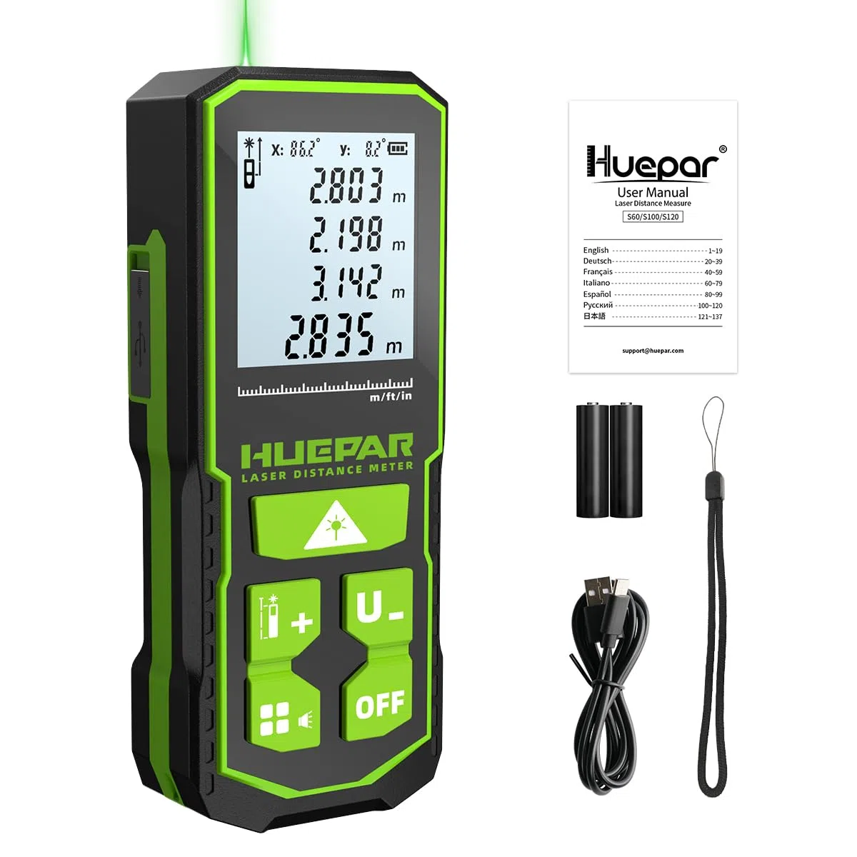 Télémètre Laser à Rayon Vert 60m, Huepar Digital Meter avec écran LCD, Batterie Rechargeable et Affichage à Deux Angles, Pythagore/Distance/Surface et Volume S60-G