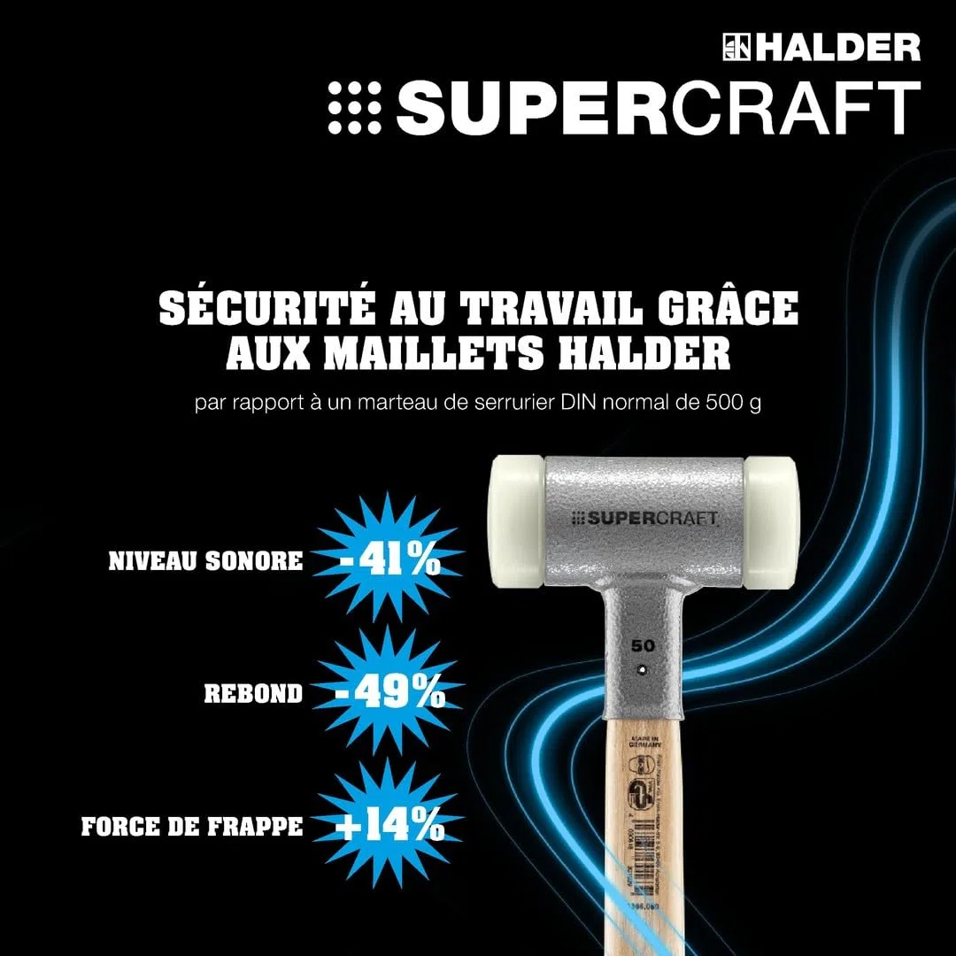 Maillet SUPERCRAFT, avec manche, vernis, en Hickory réduisant les vibrations, ergonomique | D=50 mm | 3366.050