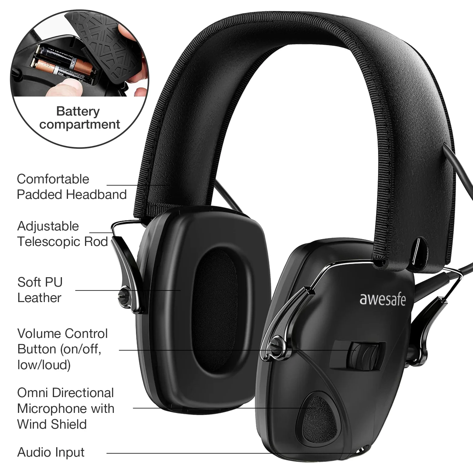 awesafe Casque de tir antibruit électronique GF01 Réduction du Bruit Maximisation du Son Sécurité Electronique Casque antibruit, Protection Auditive,Idéal pour Le Tir et la Chasse
