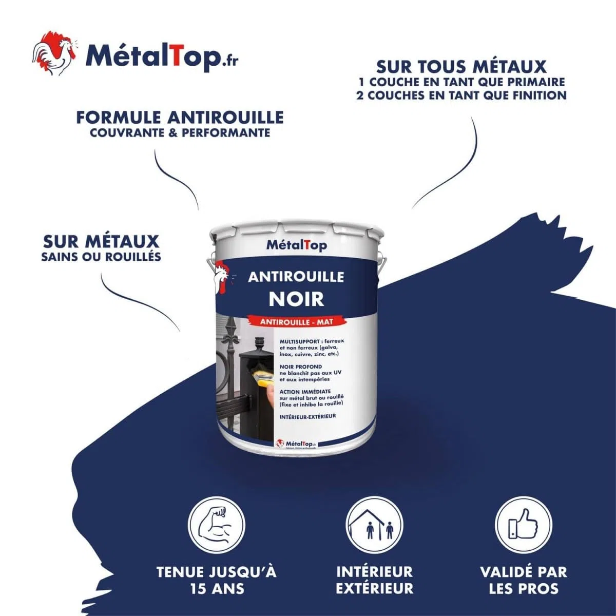Metaltop - Antirouille Noir - Noir signalisation - RAL 9017-1 L - Sous-couche protectrice antirouille pour métal et fer
