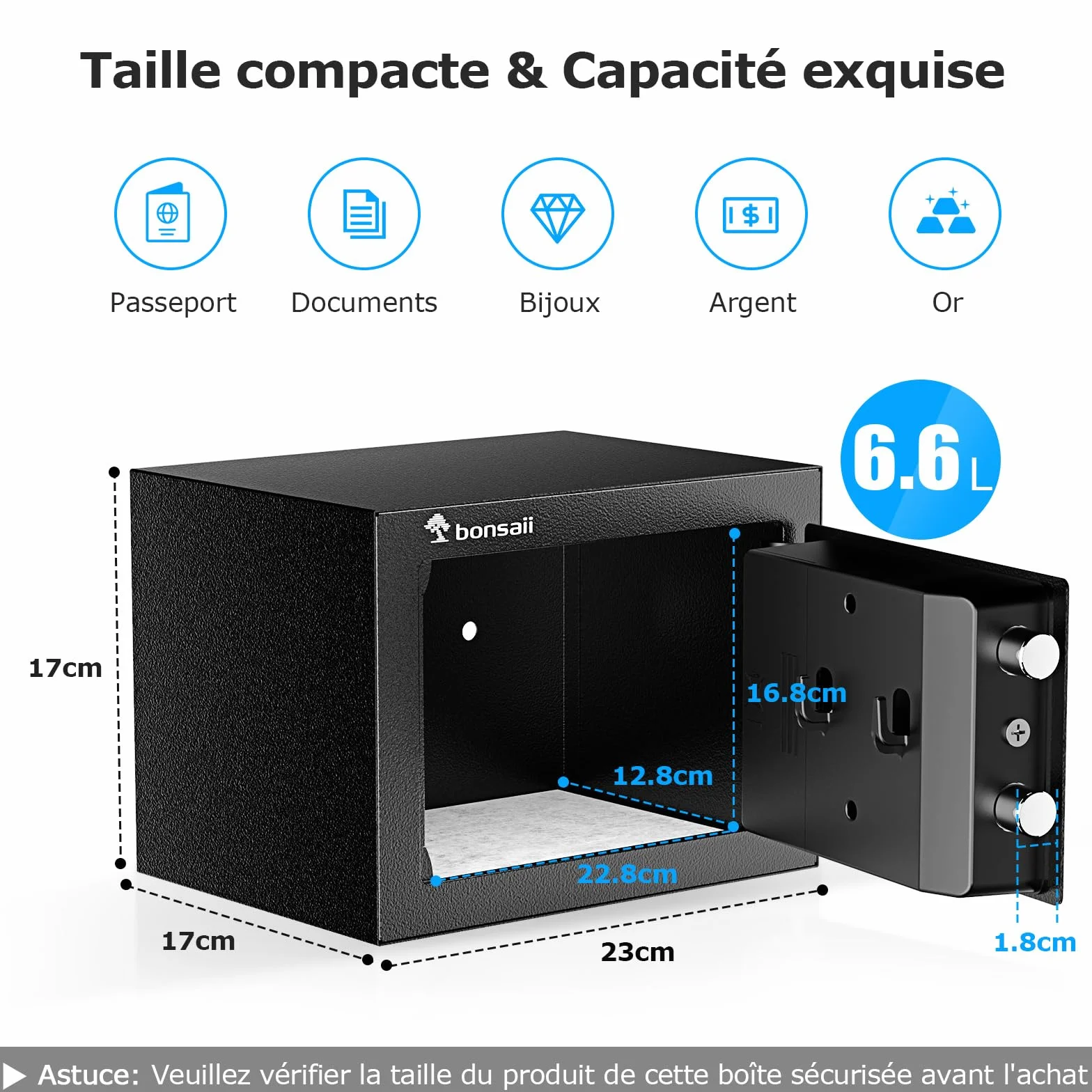 Bonsaii Coffre-fort Mini 6.6L avec Affichage LED, Clavier Numérique et Clé – Coffre de Sécurité Compact en Acier avec USB de Secours pour Bureau, Maison et Hôtel