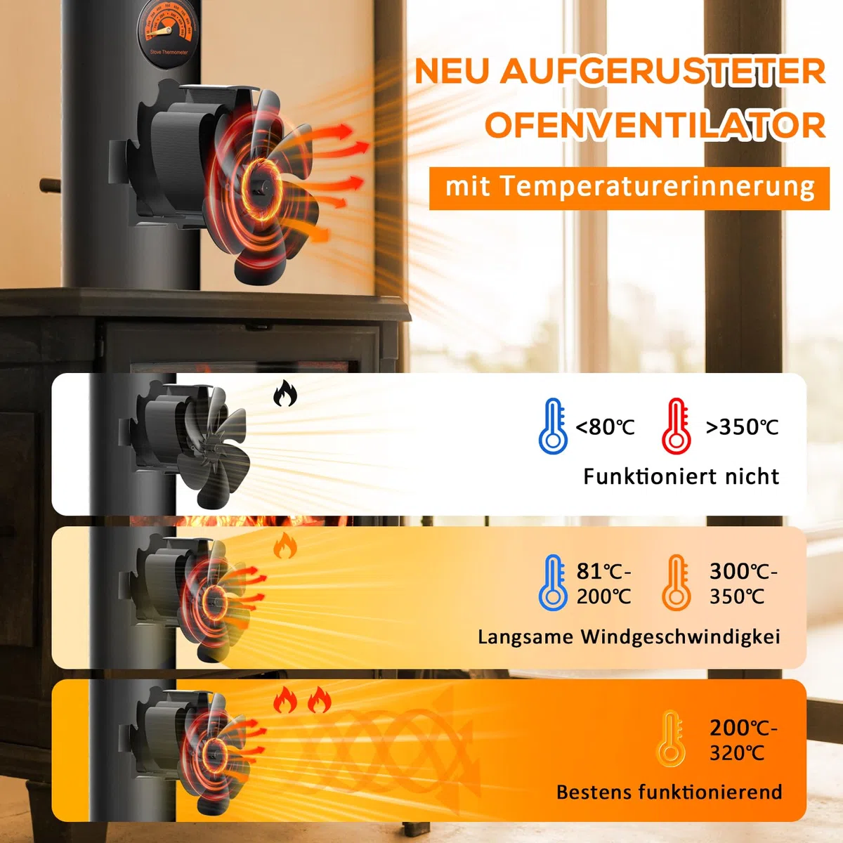 Ventilateur Poele à Bois Magnétiques avec Thermomètre, Amélioration 6 Pales Ventilateur de poêle à chaleur, écologique,Répartition Efficace de La Chaleur, Silencieux avec pour Bois/Bûches/Cheminée/Gaz