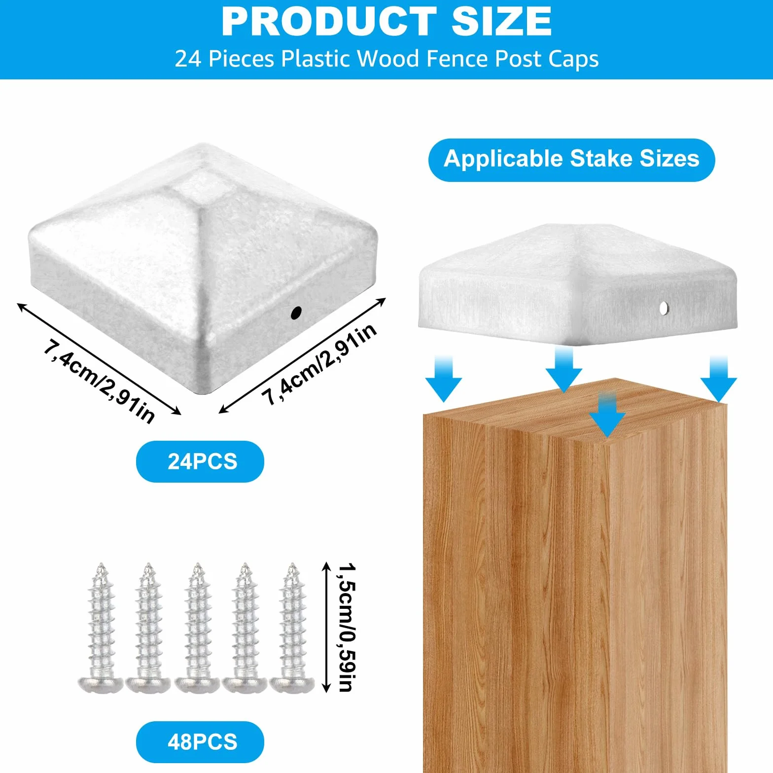 Lot de 24 capuchons de poteau - 7 x 7 cm - En acier inoxydable - Capuchons de poteau carrés - Capuchons de clôture pour poteaux, poteaux de clôture, poteaux en bois