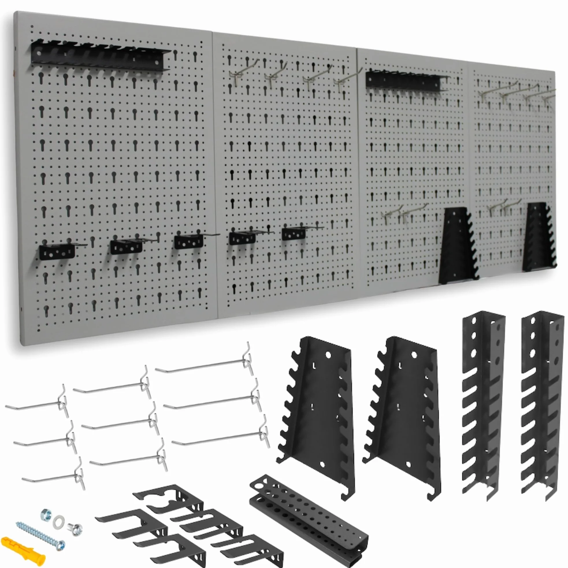 METALLMOBELL - Rangement Outils Mural 160x60x2cm, 4 Panneau Perforé Mural 40x60x2cm, Crochets et Supports, Etagere Rangement Garage pour Bricolage Outillage, Etagere Garage HPTH01G