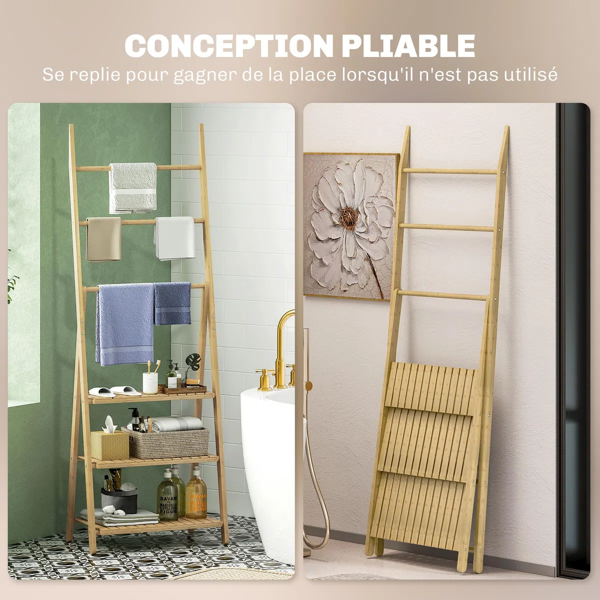HOMCOM Étagère Salle de Bain en Bambou Pliable 3 Niveaux au Sol étagère à échelle avec Porte-Serviettes, présentoir de Plantes pour Salon, Salle à Manger, Balcon, 53,5x30x153cm, Effet Bois Naturel