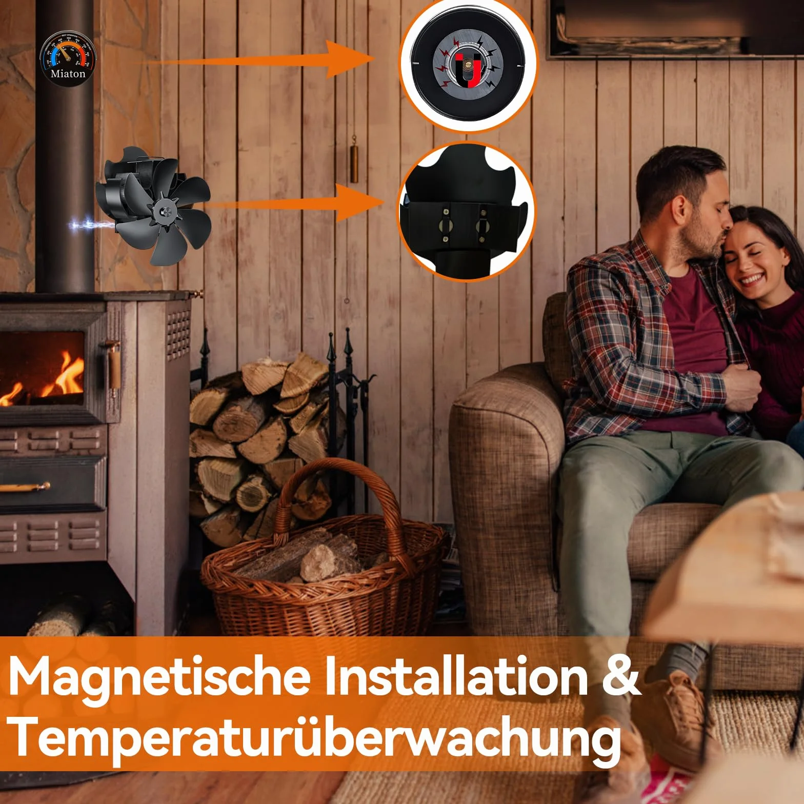 Ventilateur Poele à Bois Magnétique 6 Lames | Ventilateur de Poêle à Granulés et Cheminée avec Moniteur de Température