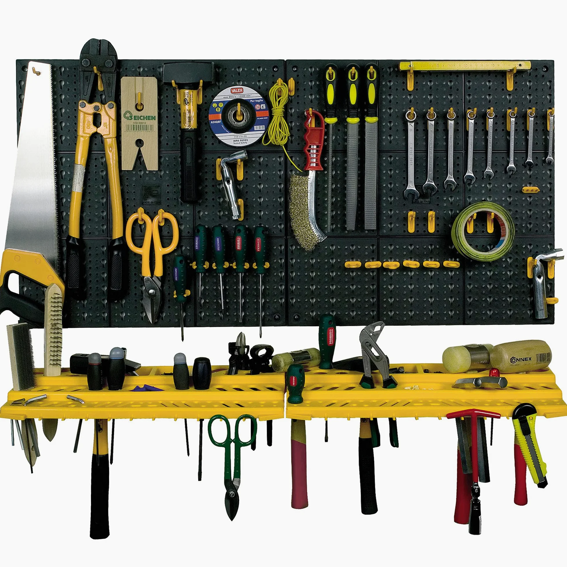 Ensemble de 2 panneaux et 2 niveaux de porte-outils avec 50 crochets, objets muraux de l'organisateur, 100% Made in Italy, 100x22h50 cm, couleur noire