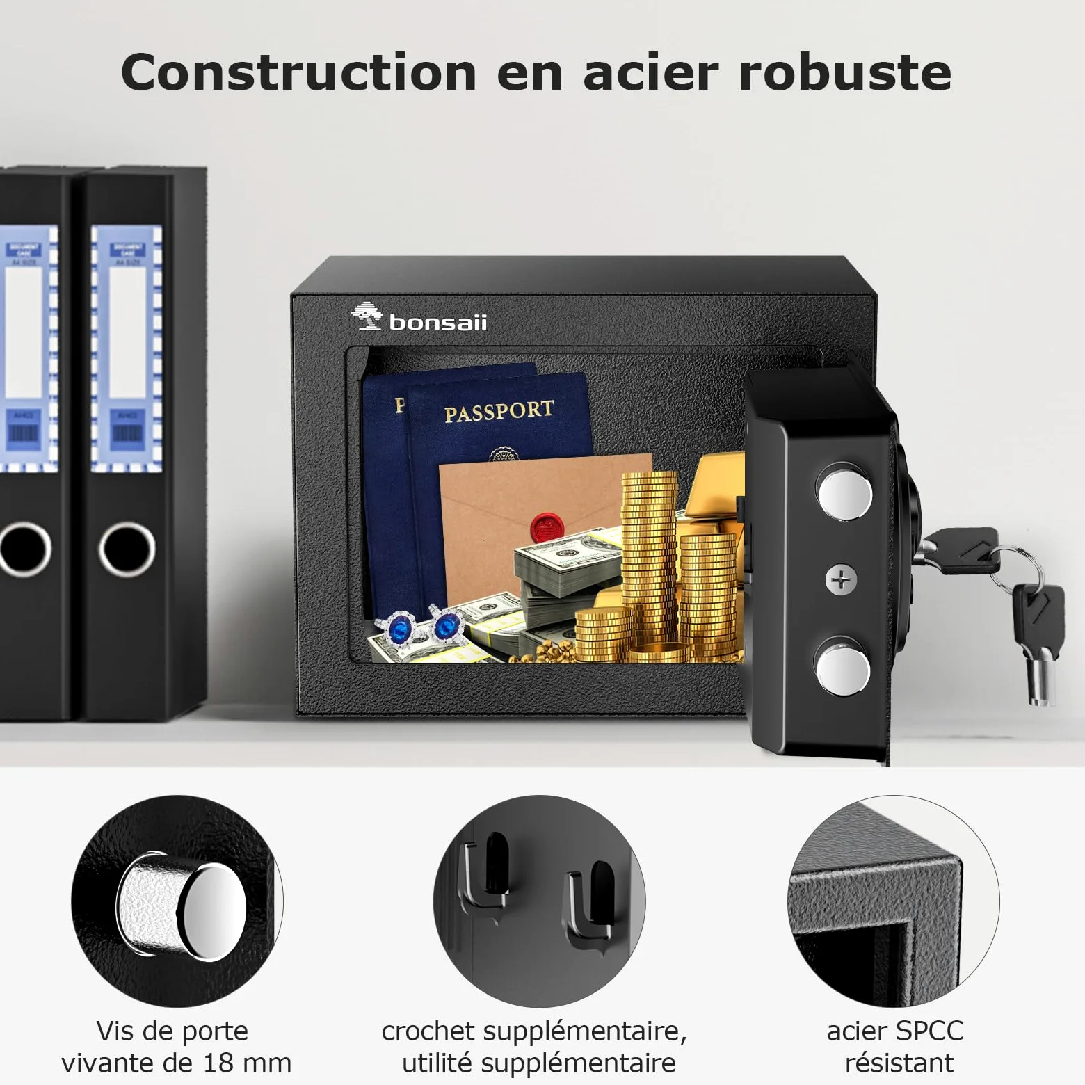 Bonsaii Coffre-fort Mini 6.6L avec Affichage LED, Clavier Numérique et Clé – Coffre de Sécurité Compact en Acier avec USB de Secours pour Bureau, Maison et Hôtel