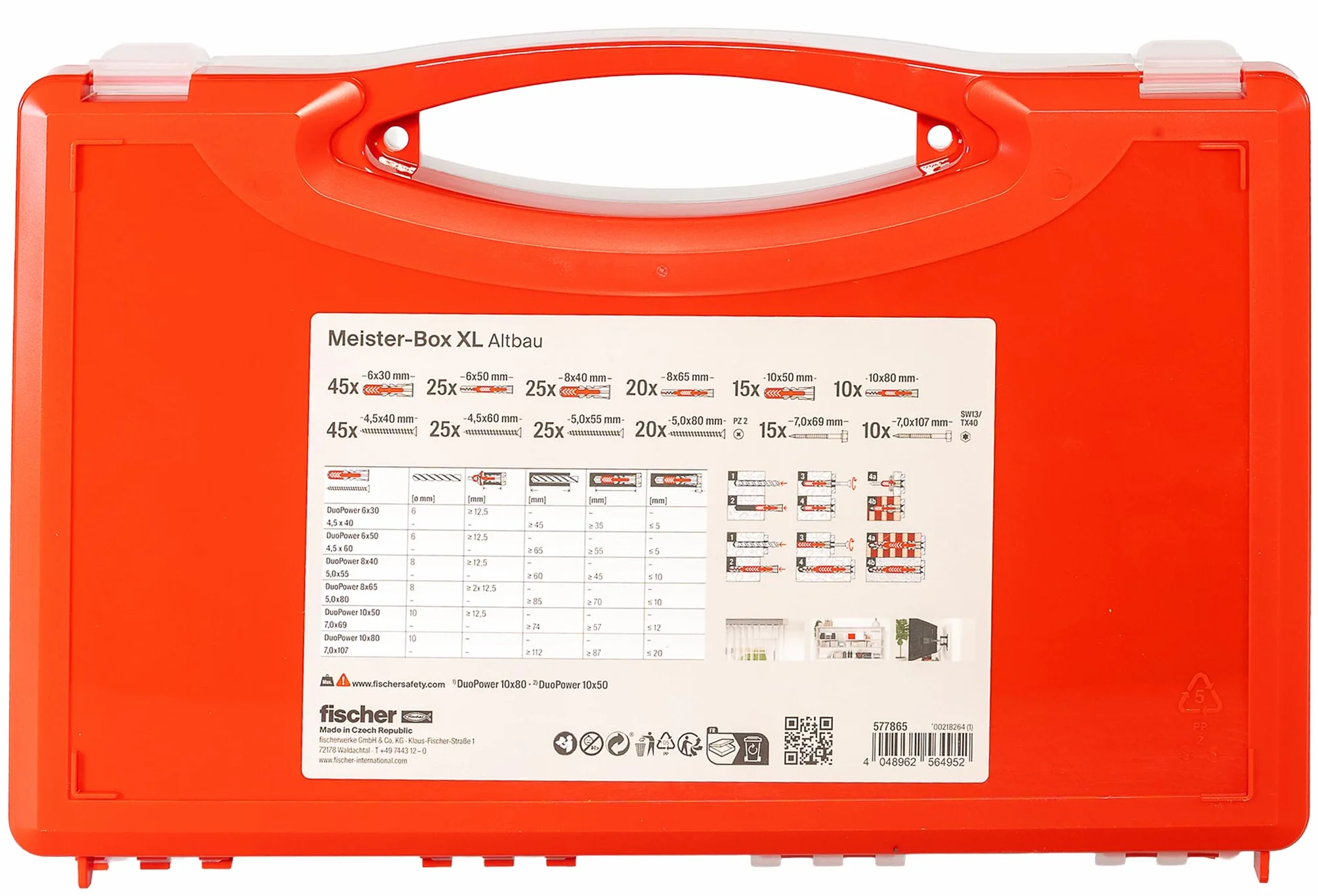 Fischer Meister-Box XL Altbau, 280 pièces de chevilles et vis, diamètre 6-10 mm, longueur 30-80 mm, pour bricoleurs et professionnels, chevilles universelles DuoPower, idéales pour les murs et les