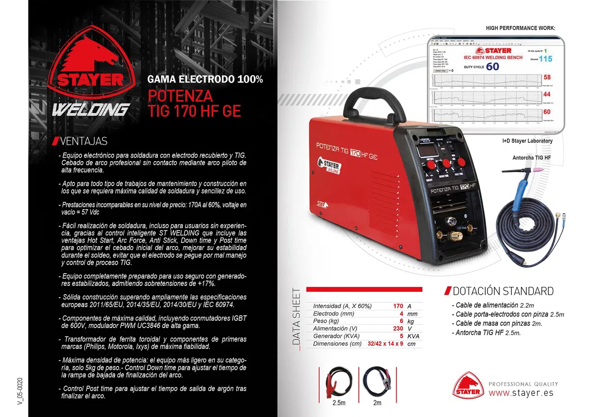 Stayer POTENZA TIG 170 HF - 170 (60%) A 4mm 5kg KVA5_ INVERTER Soldadura TIG